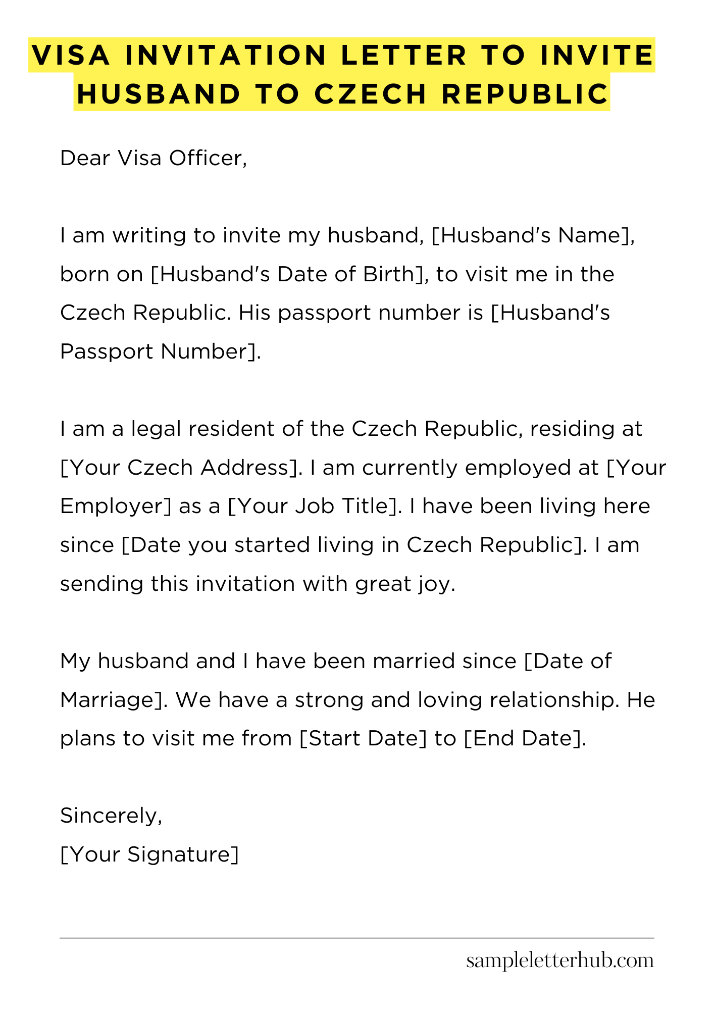 Visa Invitation Letter to Invite Husband to Czech Republic