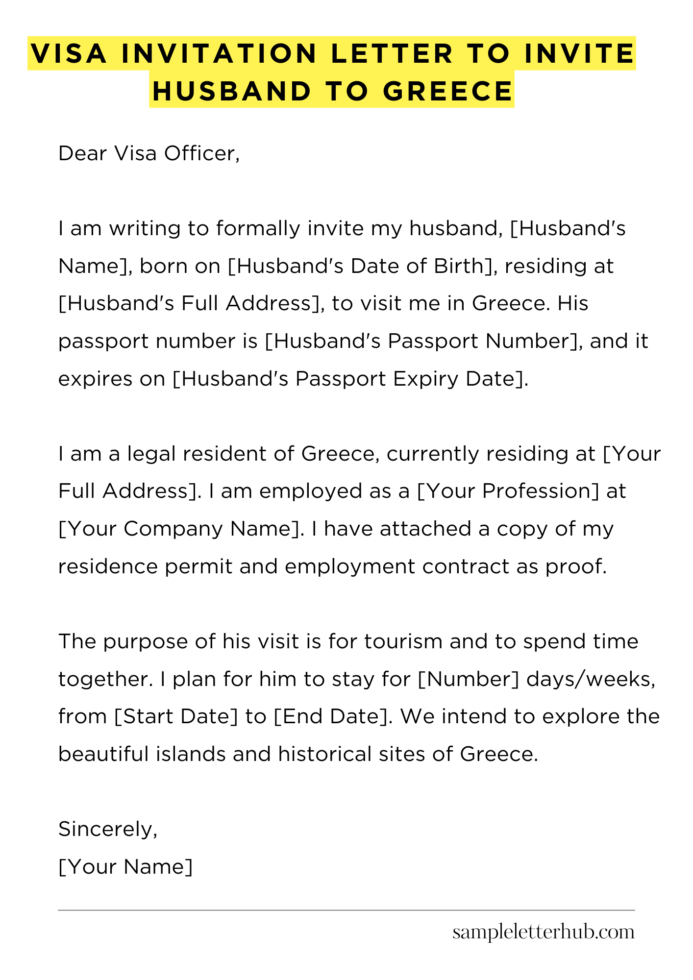 Visa Invitation Letter to Invite Husband to Greece