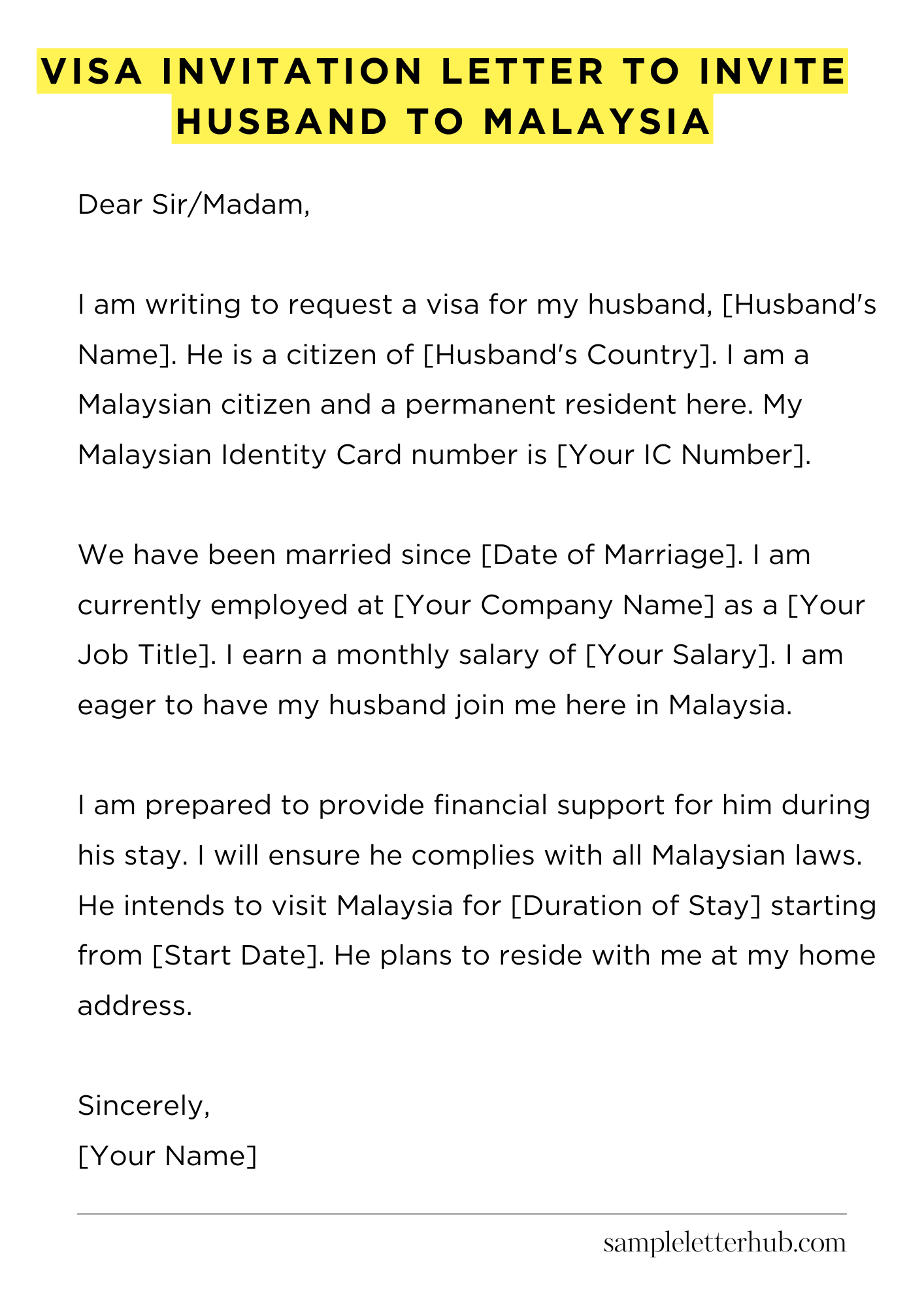 Visa Invitation Letter to Invite Husband to Malaysia