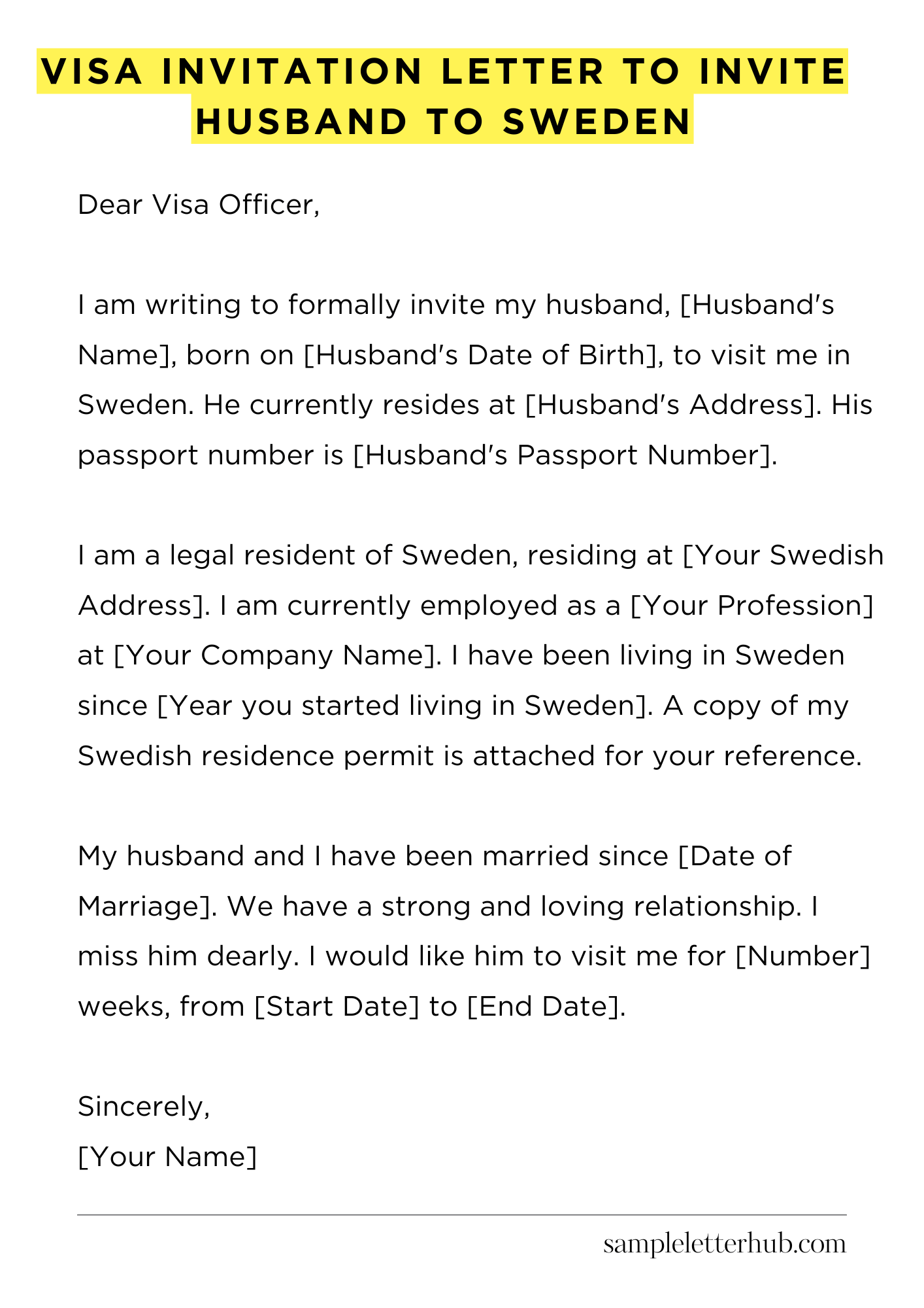 Visa Invitation Letter to Invite Husband to Sweden