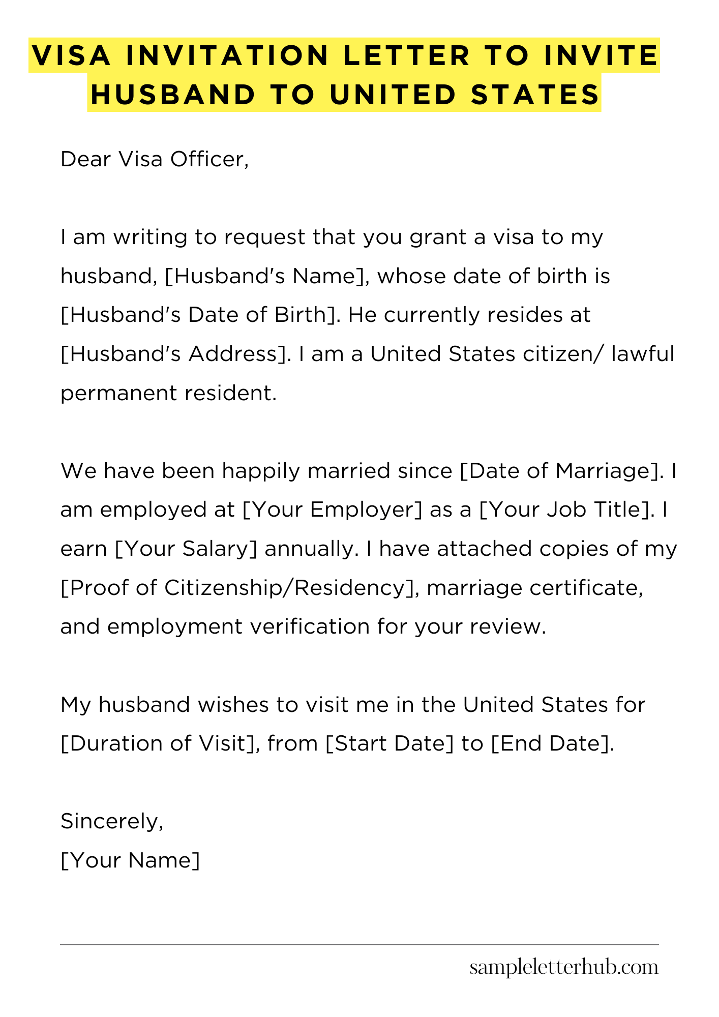 Visa Invitation Letter to Invite Husband to United States
