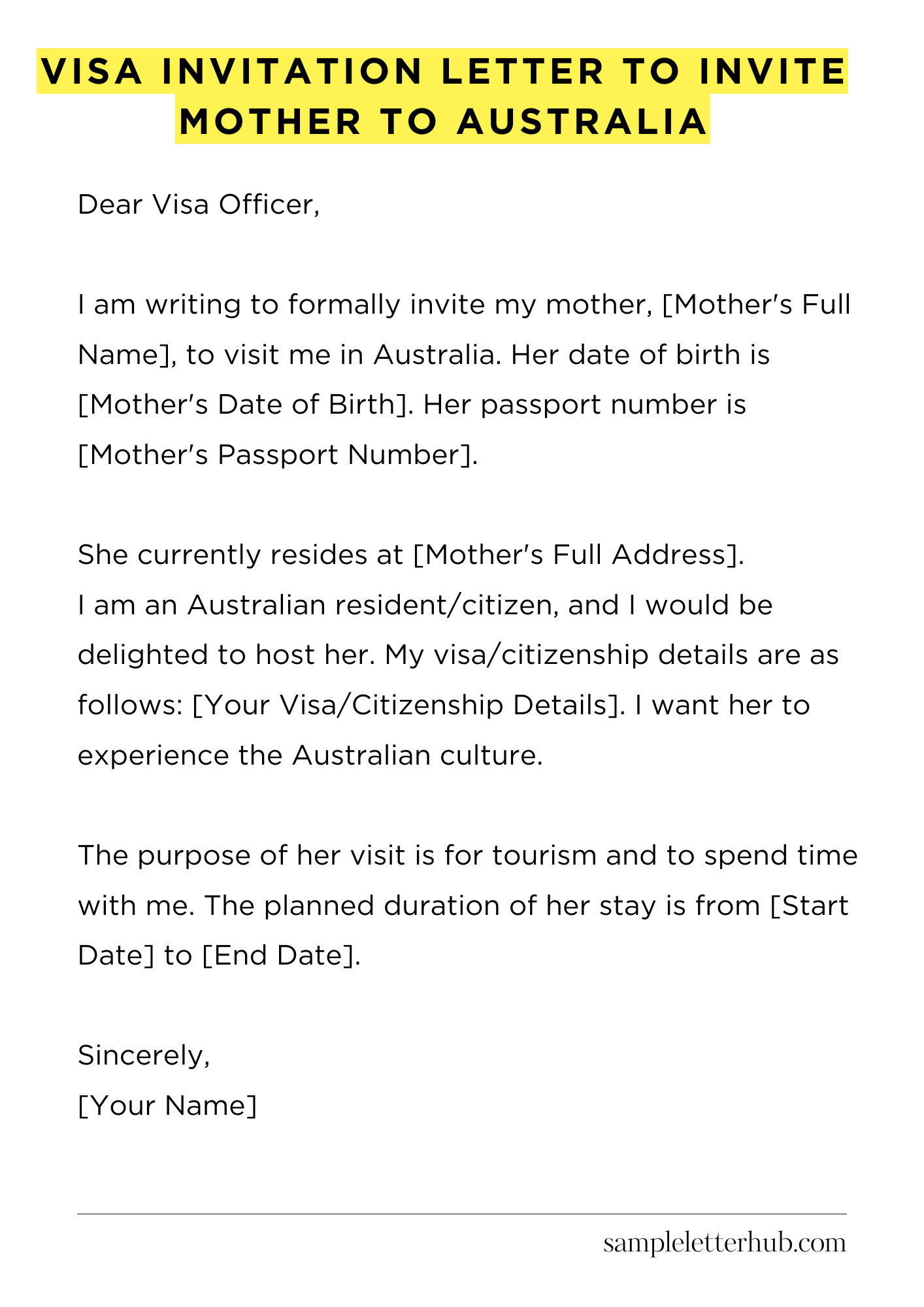 Visa Invitation Letter to Invite Mother to Australia