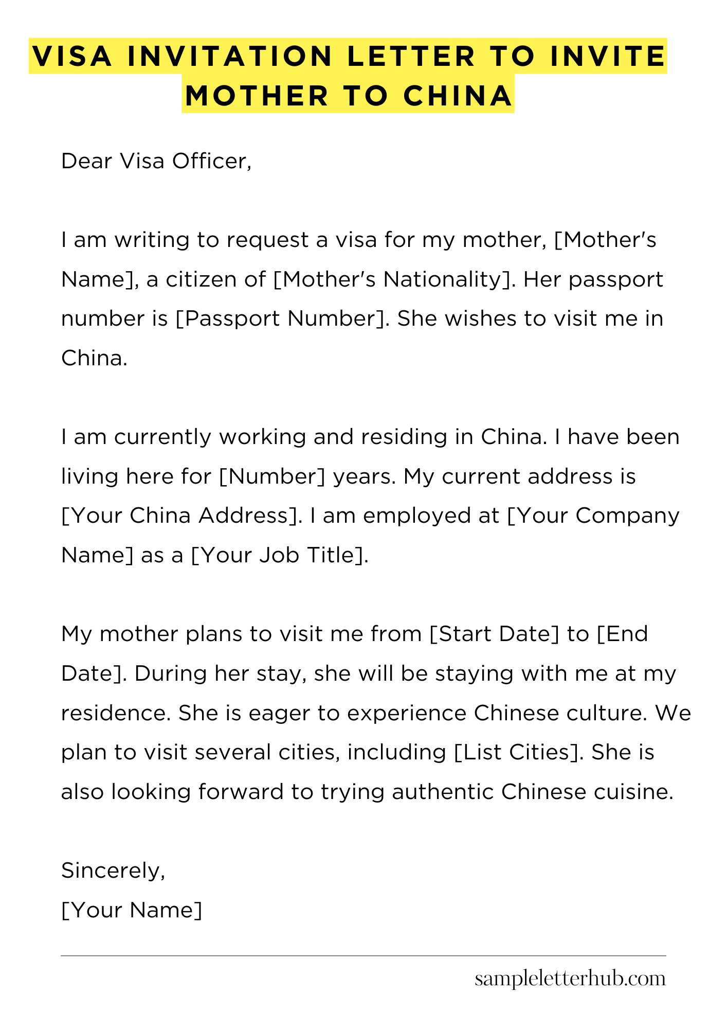 Visa Invitation Letter to Invite Mother to China