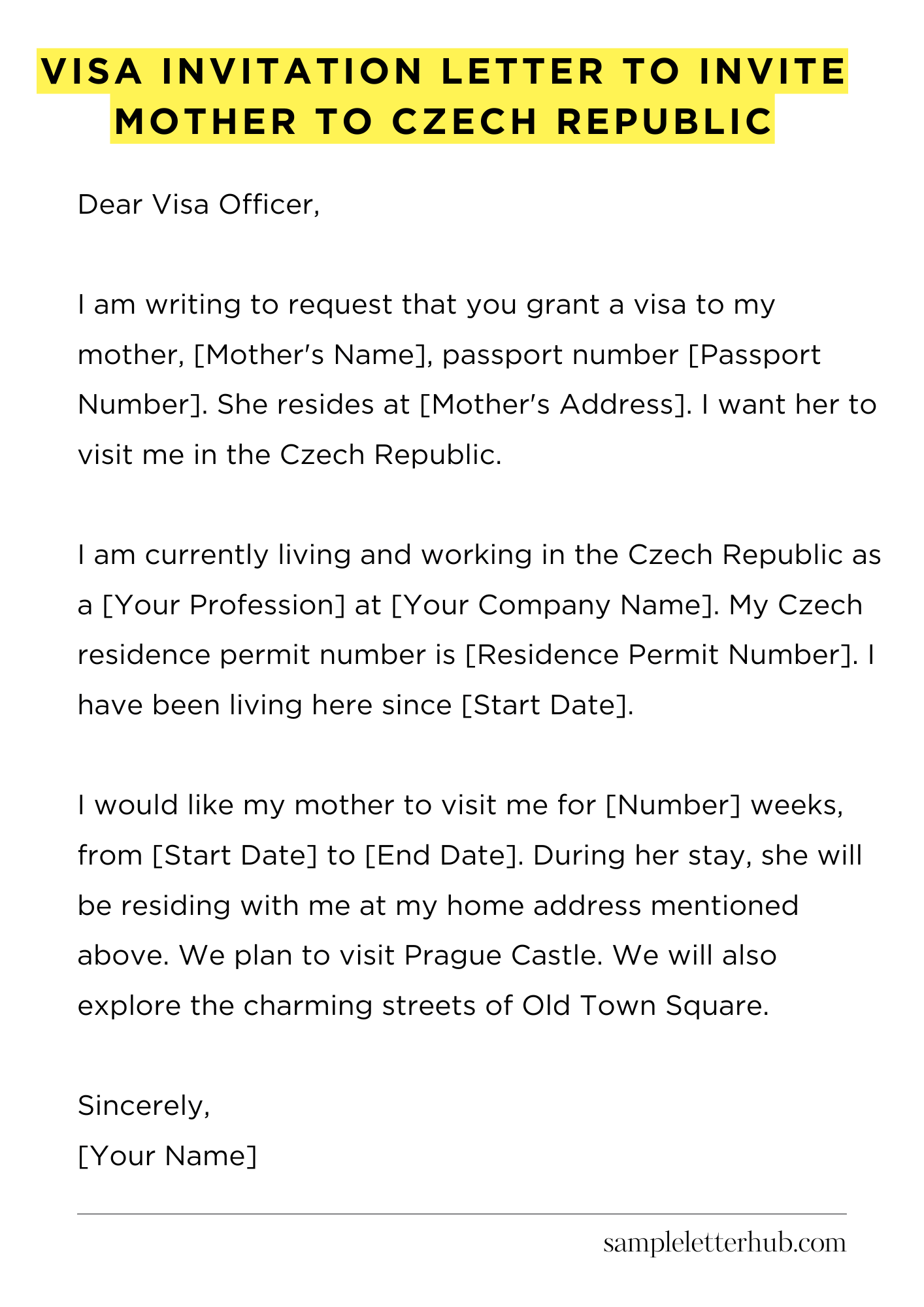 Visa Invitation Letter to Invite Mother to Czech Republic