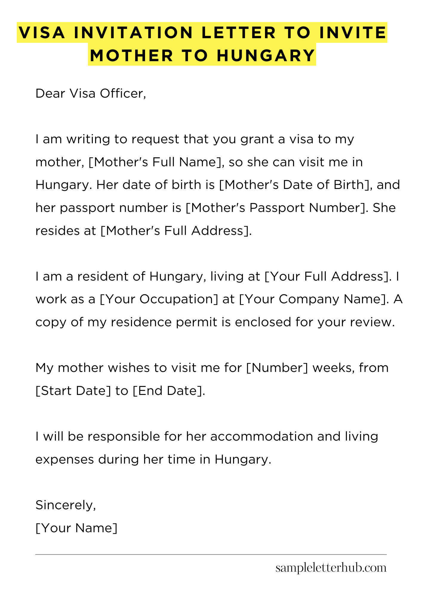 Visa Invitation Letter to Invite Mother to Hungary