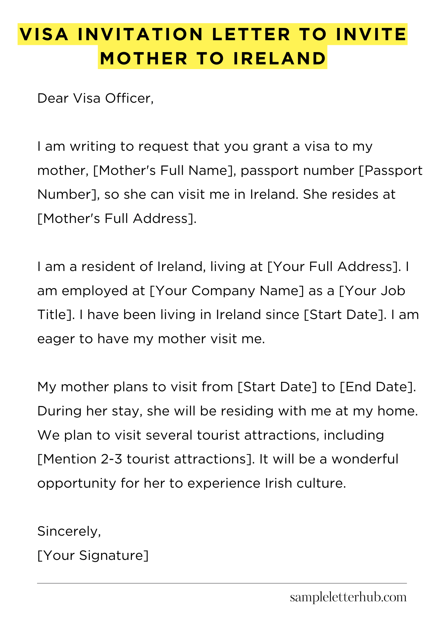 Visa Invitation Letter to Invite Mother to Ireland