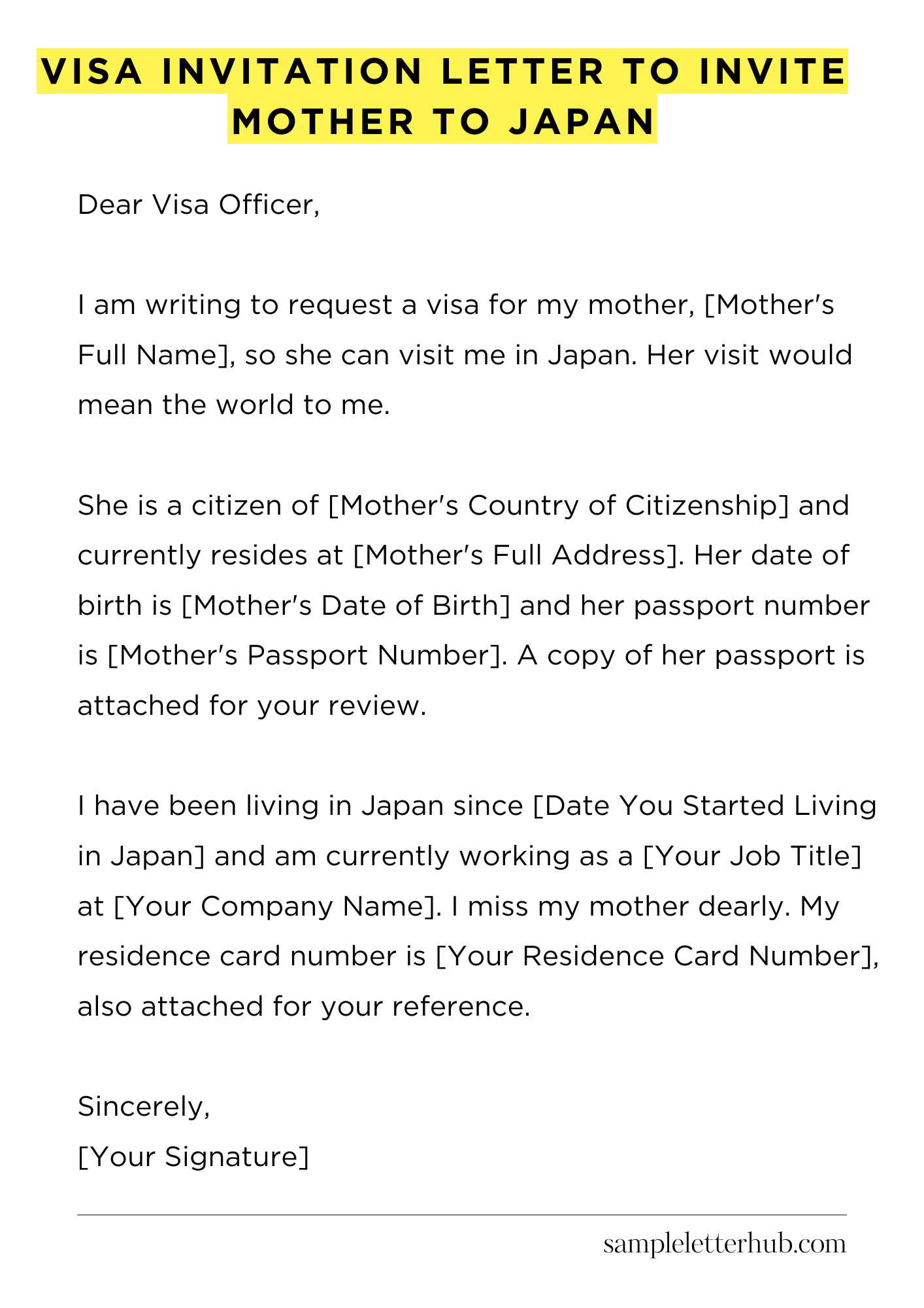 Visa Invitation Letter to Invite Mother to Japan