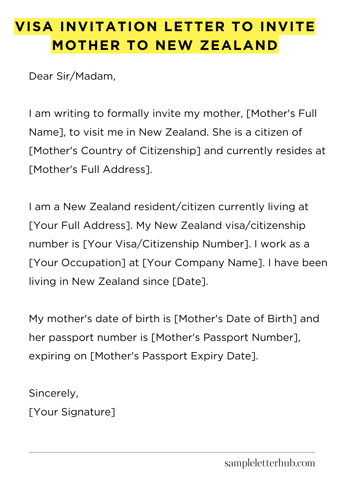 Visa Invitation Letter to Invite Mother to New Zealand