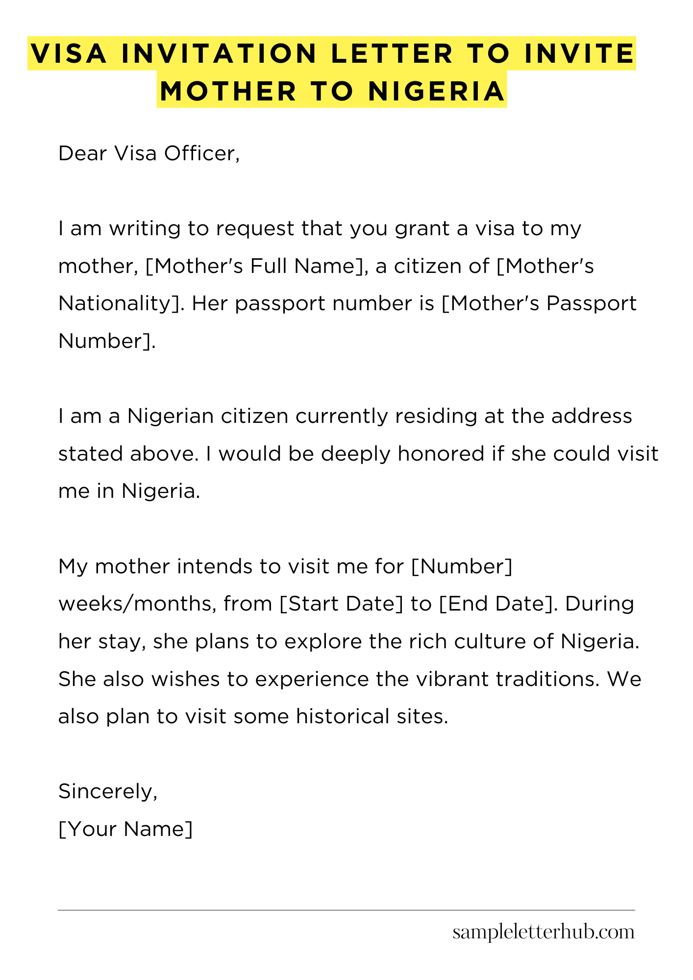 Visa Invitation Letter to Invite Mother to Nigeria