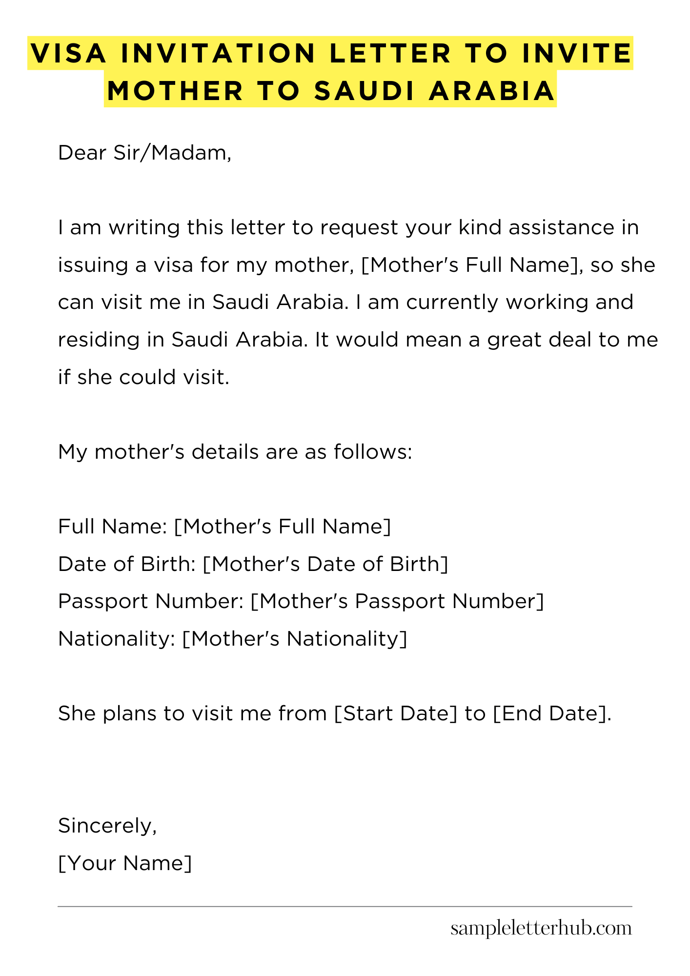 Visa Invitation Letter to Invite Mother to Saudi Arabia