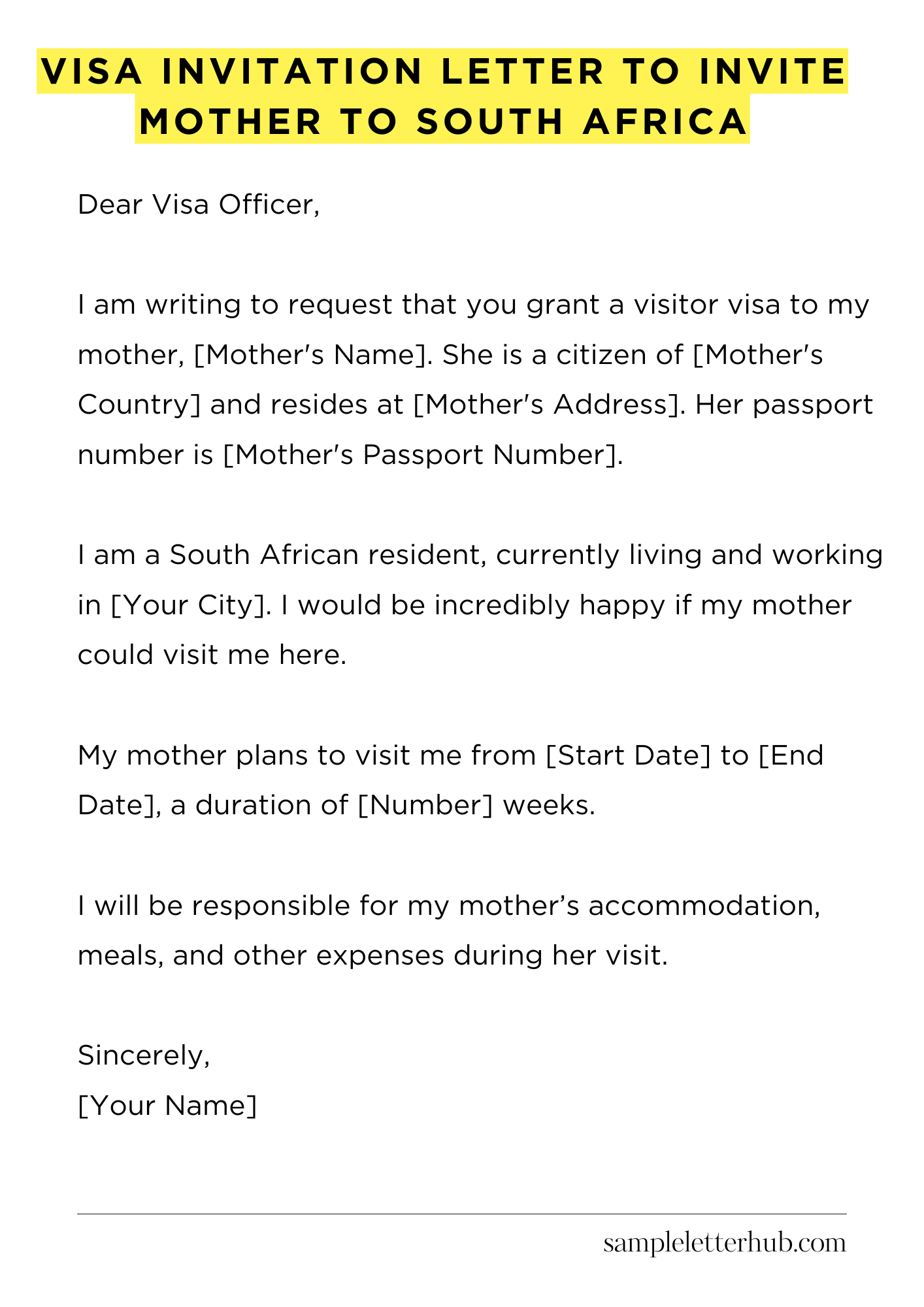 Visa Invitation Letter to Invite Mother to South Africa