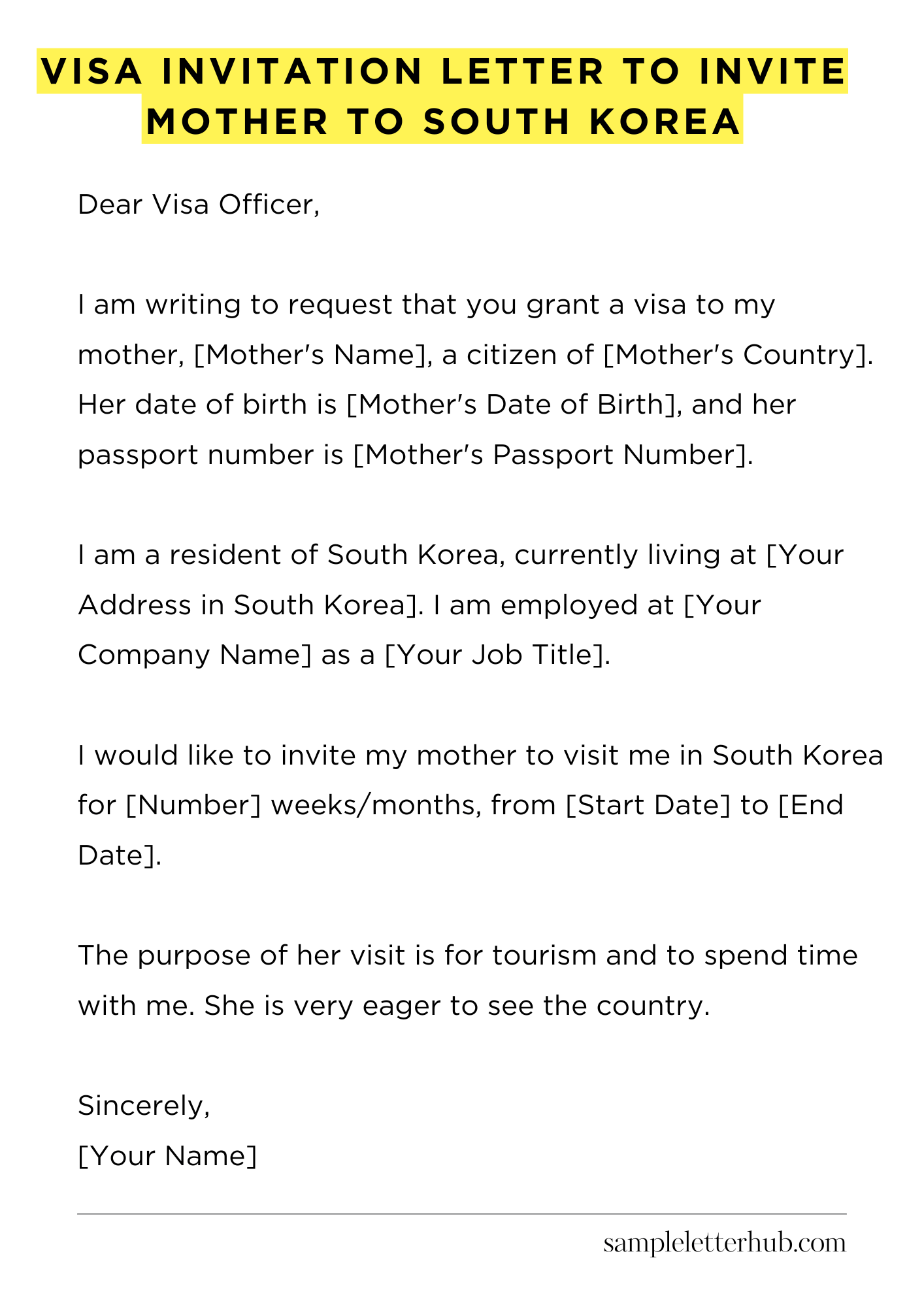 Visa Invitation Letter to Invite Mother to South Korea