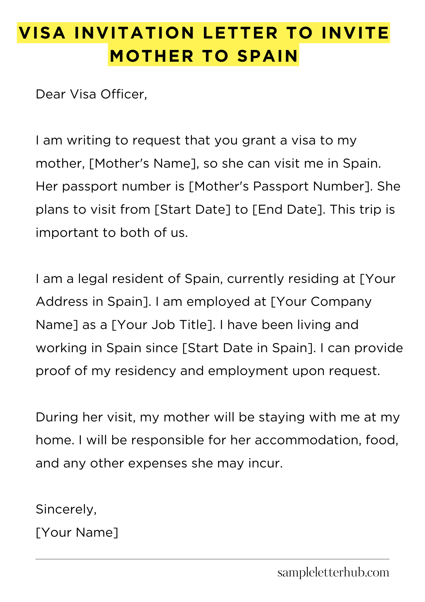 Visa Invitation Letter to Invite Mother to Spain