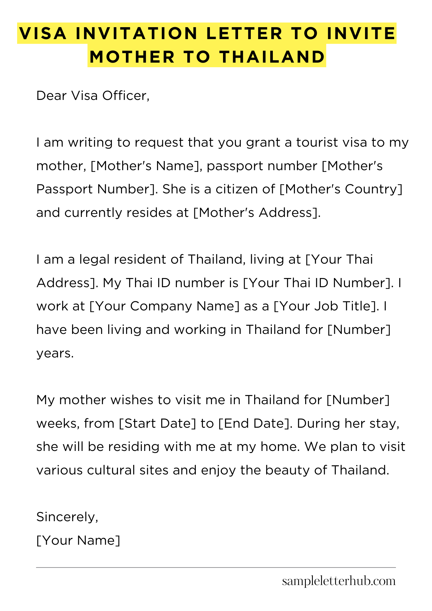 Visa Invitation Letter to Invite Mother to Thailand