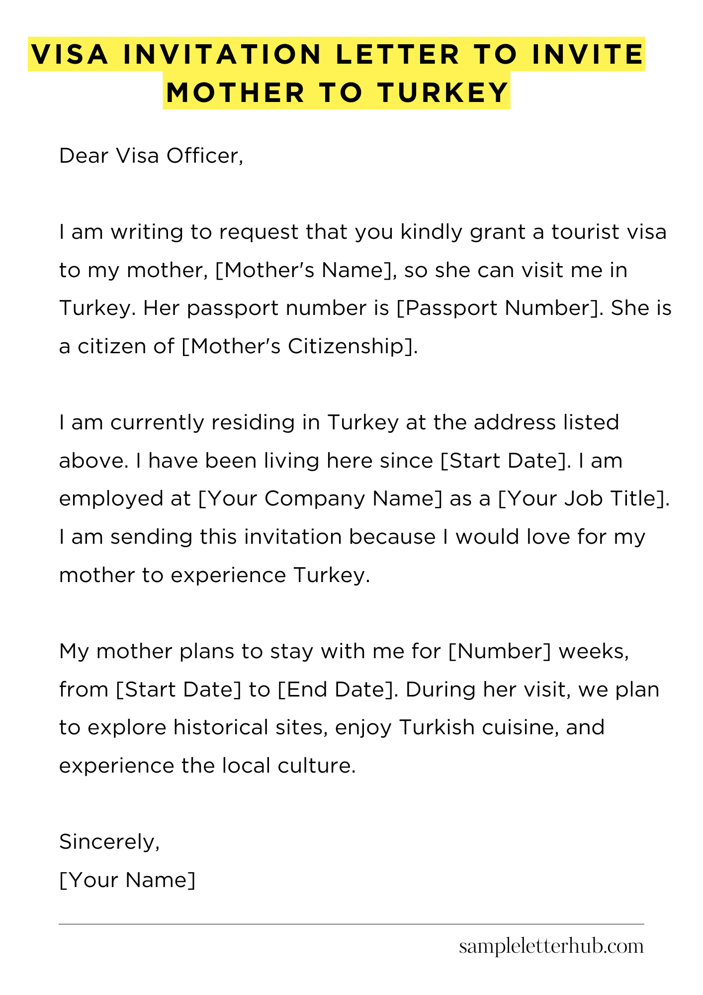 Visa Invitation Letter to Invite Mother to Turkey