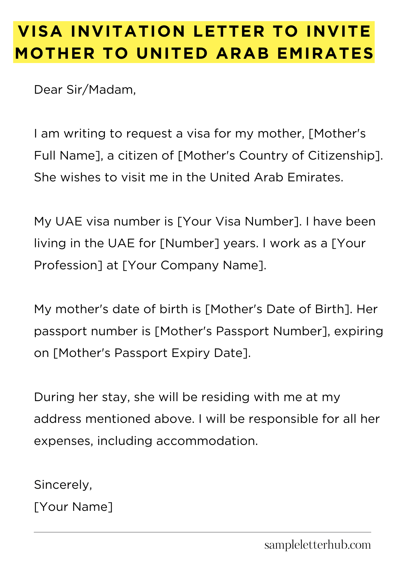 Visa Invitation Letter to Invite Mother to United Arab Emirates