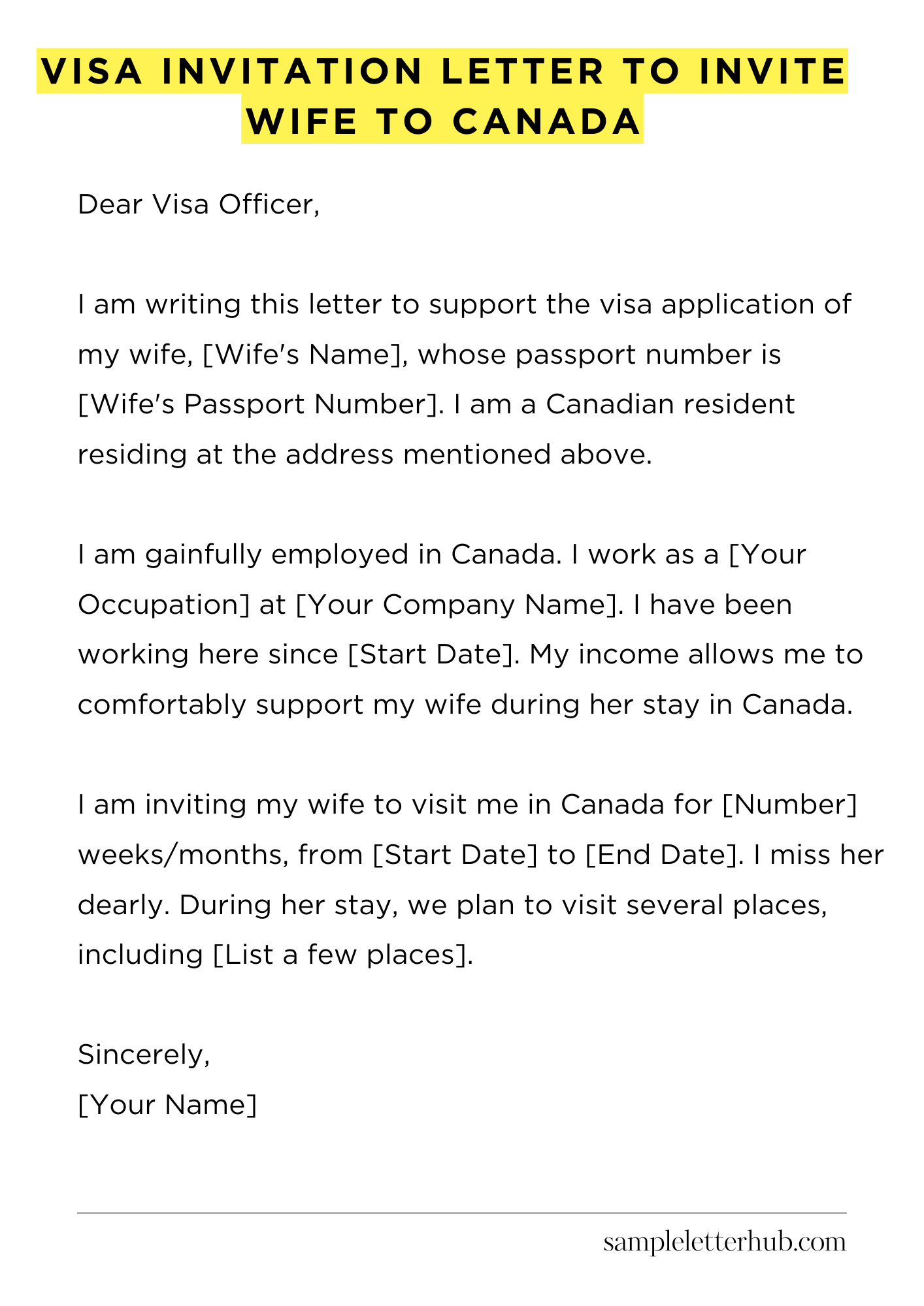 Visa Invitation Letter to Invite Wife to Canada