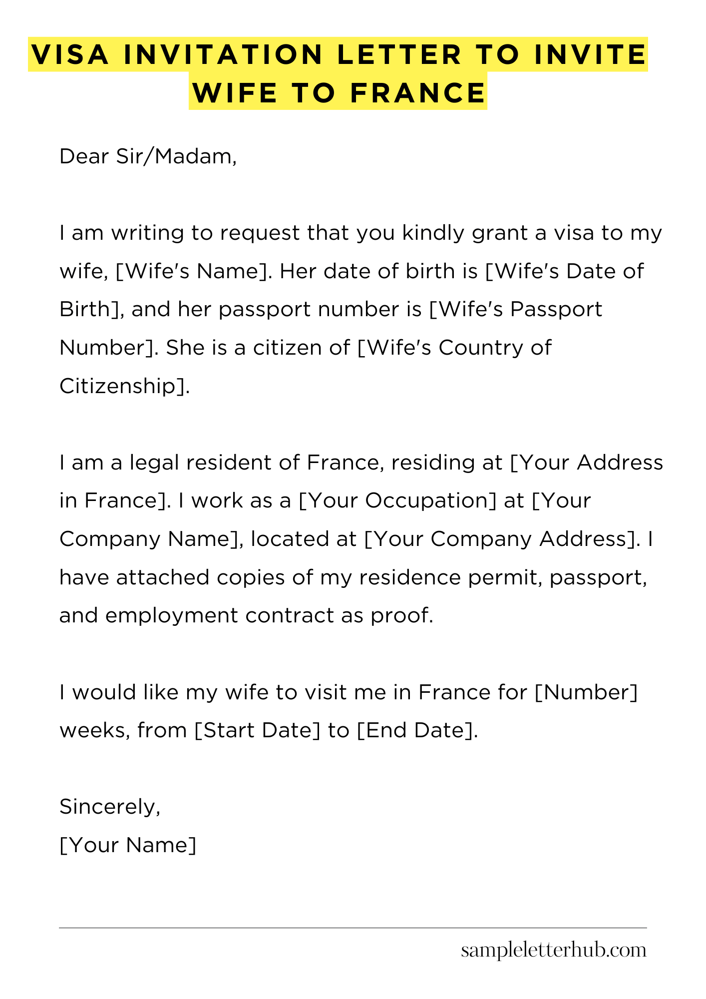 Visa Invitation Letter to Invite Wife to France