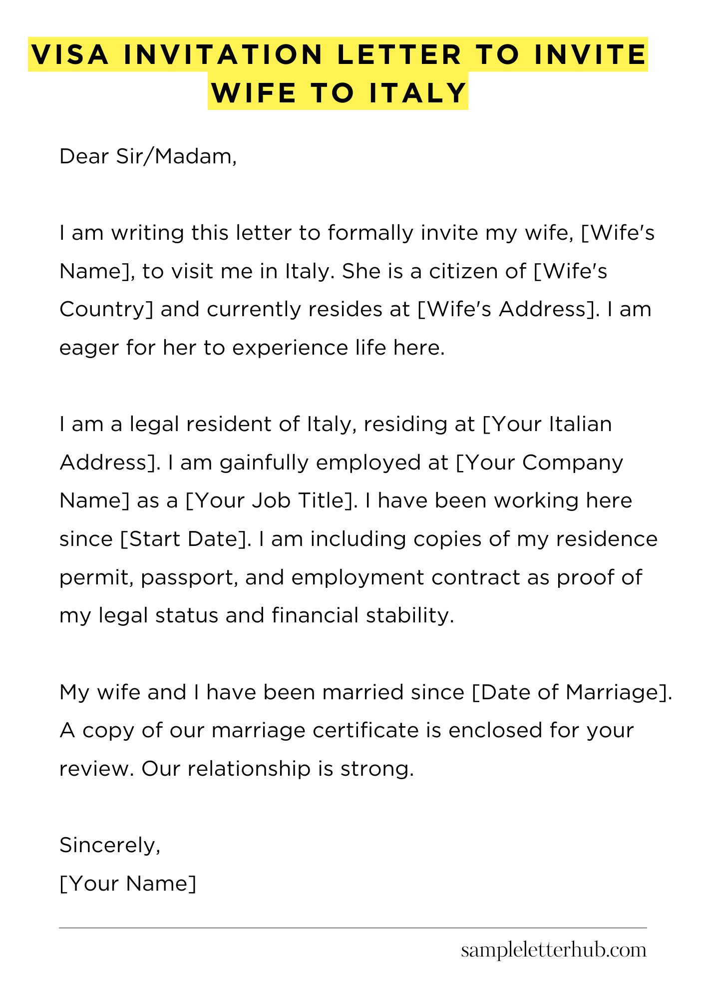 Visa Invitation Letter to Invite Wife to Italy