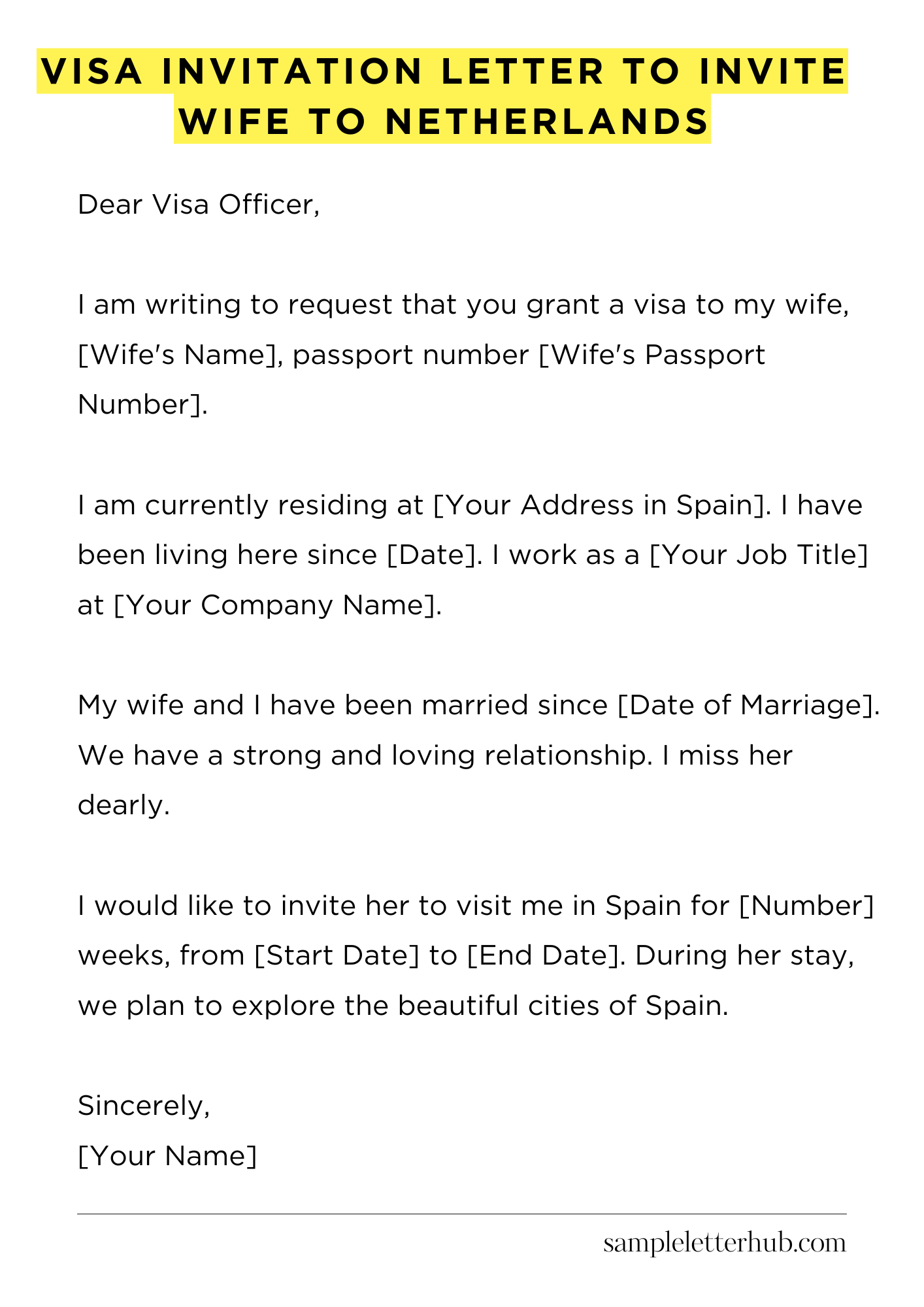 Visa Invitation Letter to Invite Wife to Netherlands