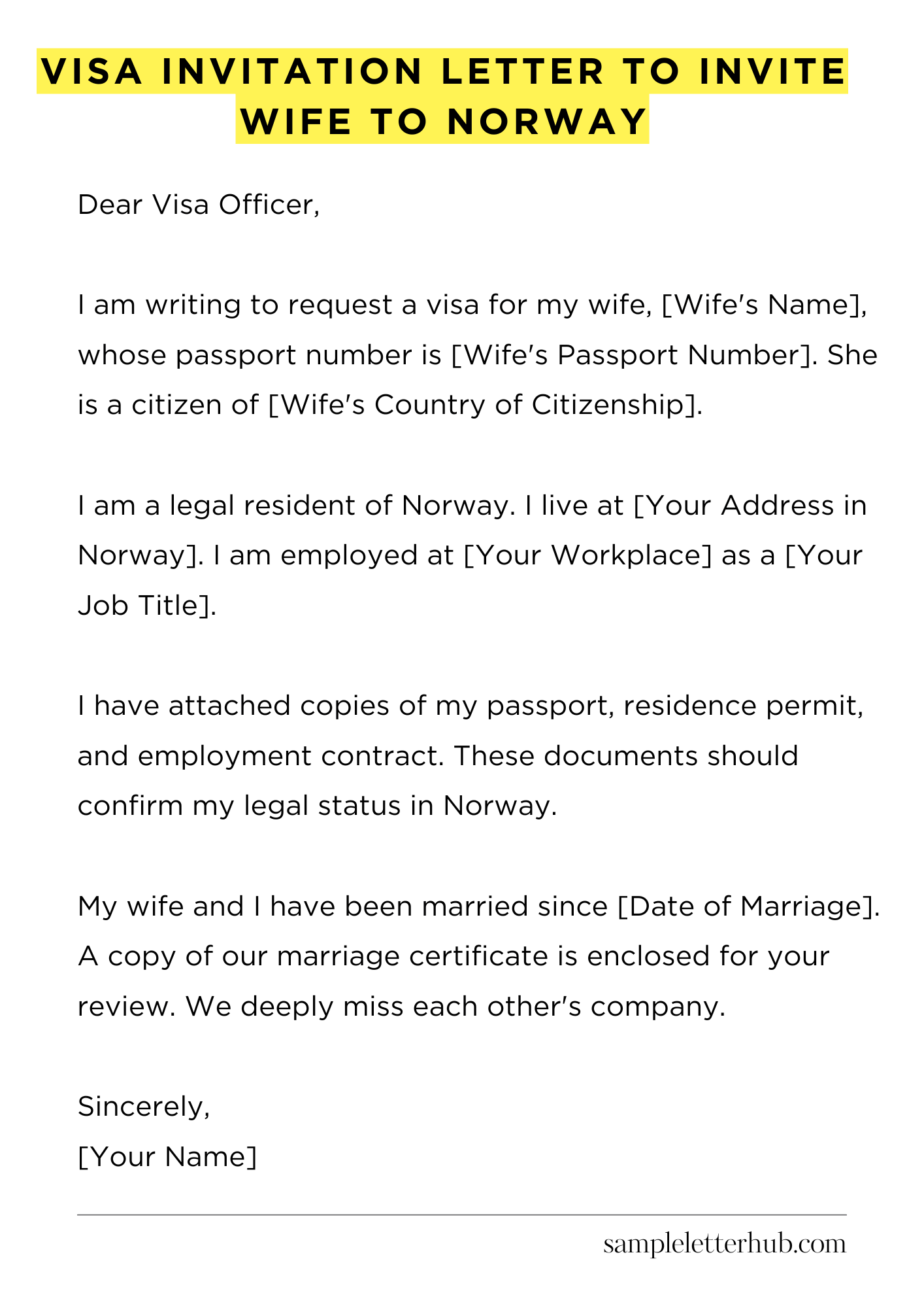 Visa Invitation Letter to Invite Wife to Norway