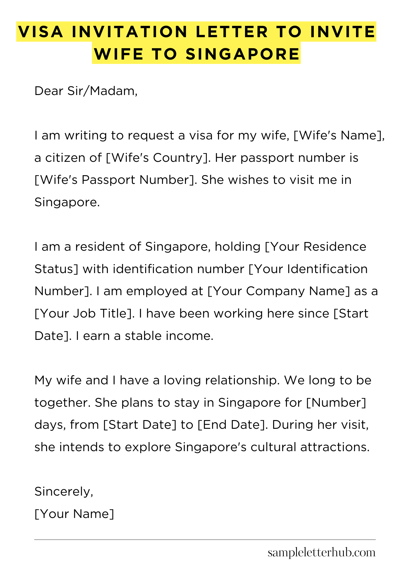 Visa Invitation Letter to Invite Wife to Singapore