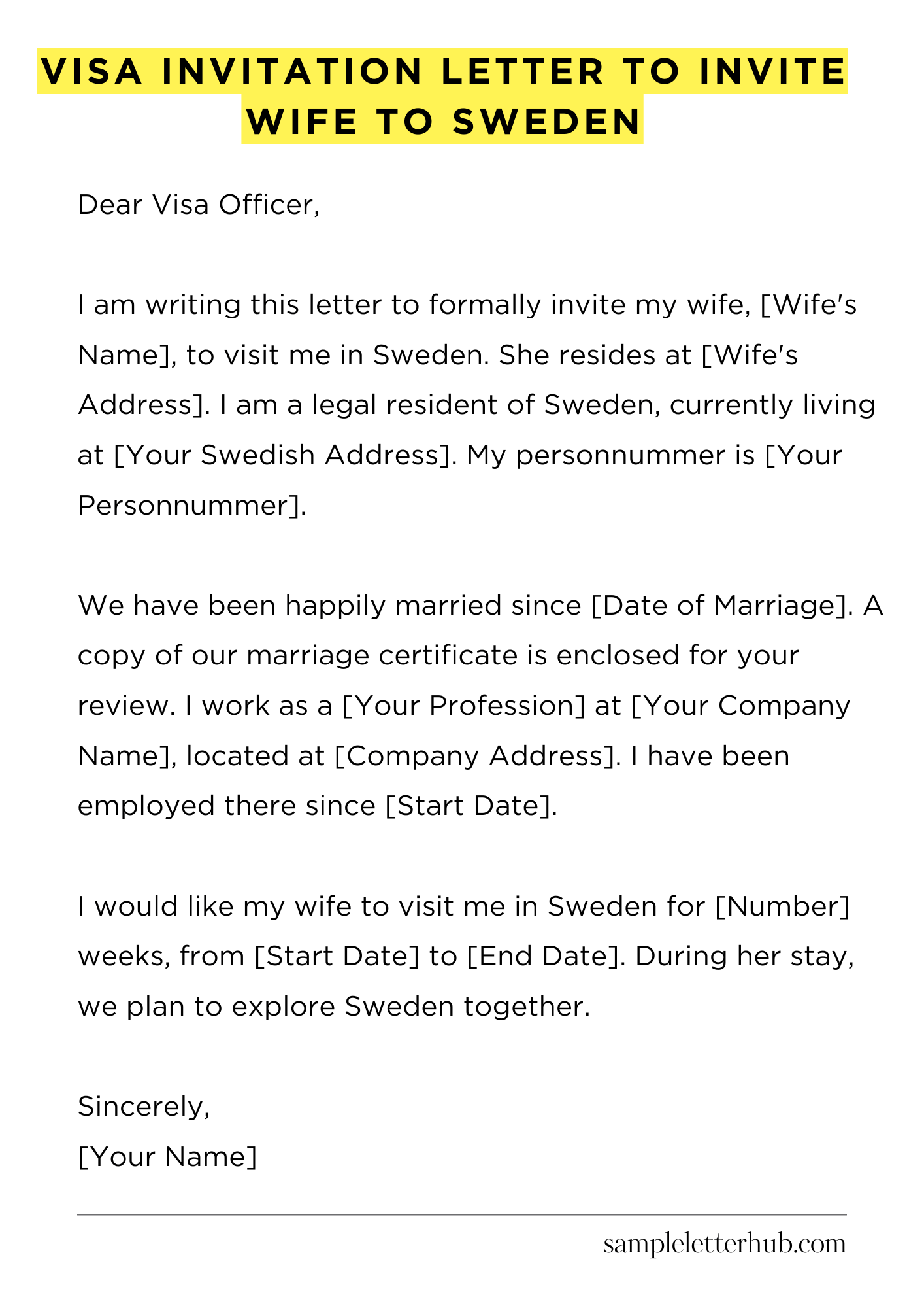 Visa Invitation Letter to Invite Wife to Sweden