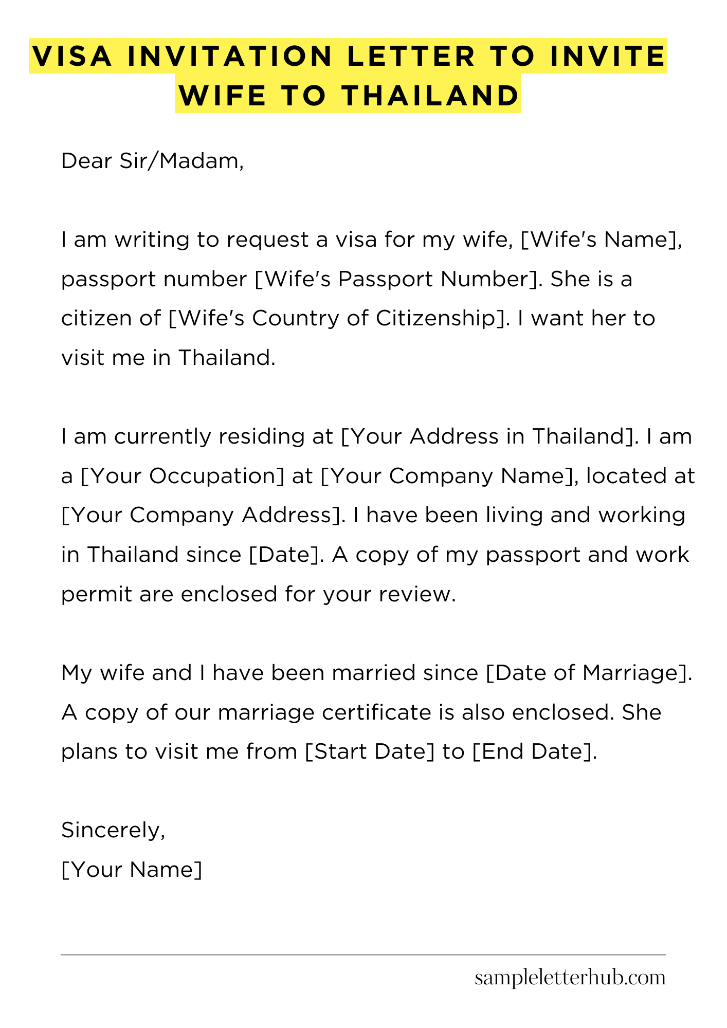 Visa Invitation Letter to Invite Wife to Thailand