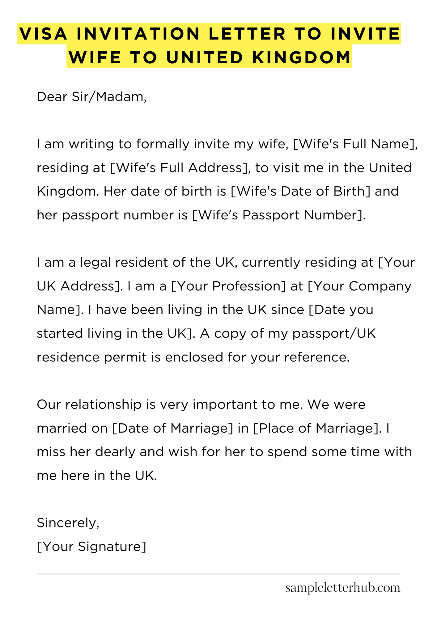 Visa Invitation Letter to Invite Wife to United Kingdom