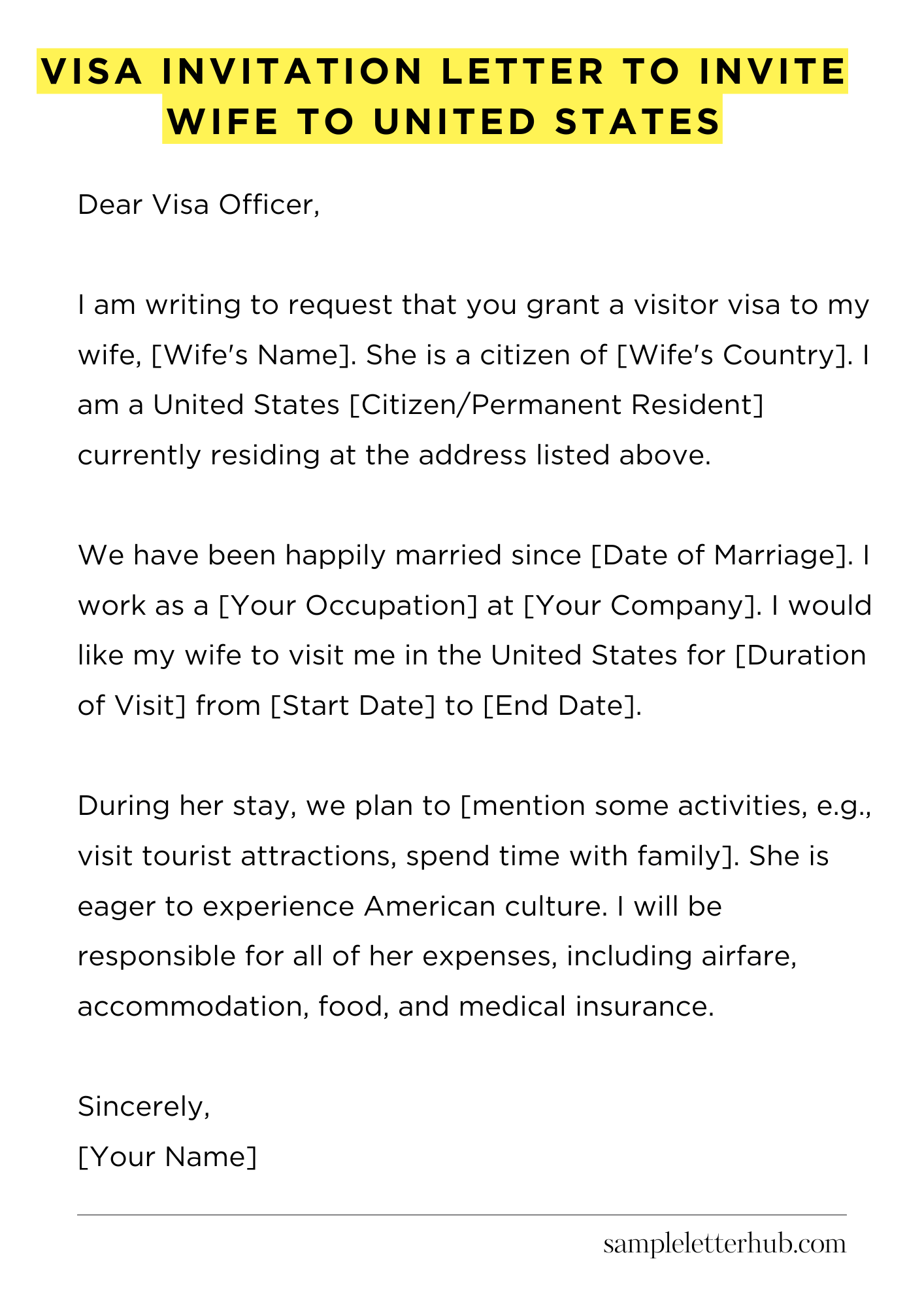 Visa Invitation Letter to Invite Wife to United States