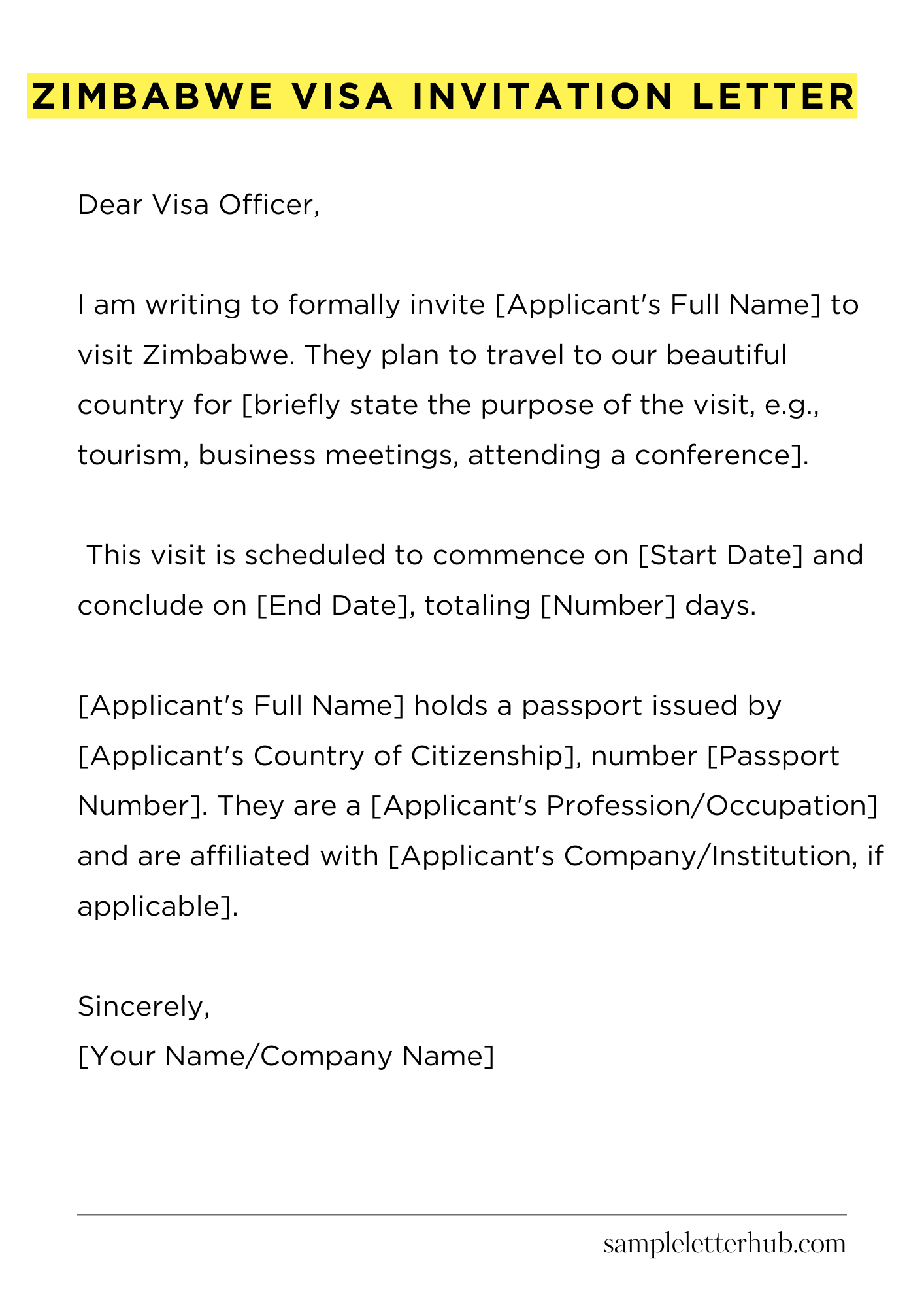 Zimbabwe Visa Invitation Letter