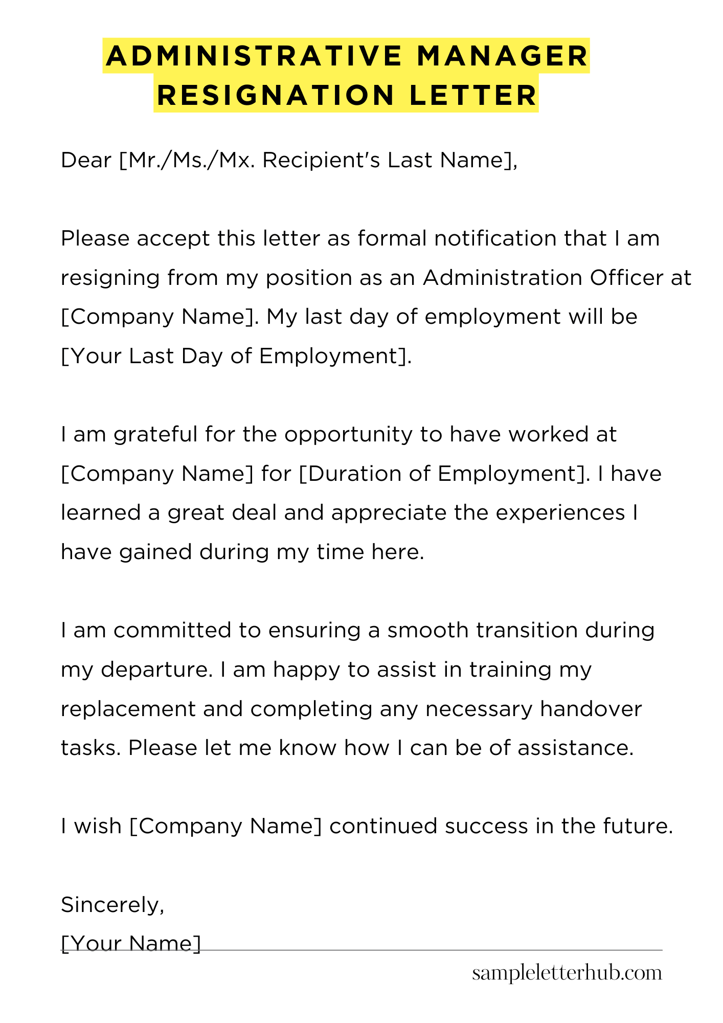 Administrative Manager Resignation Letter