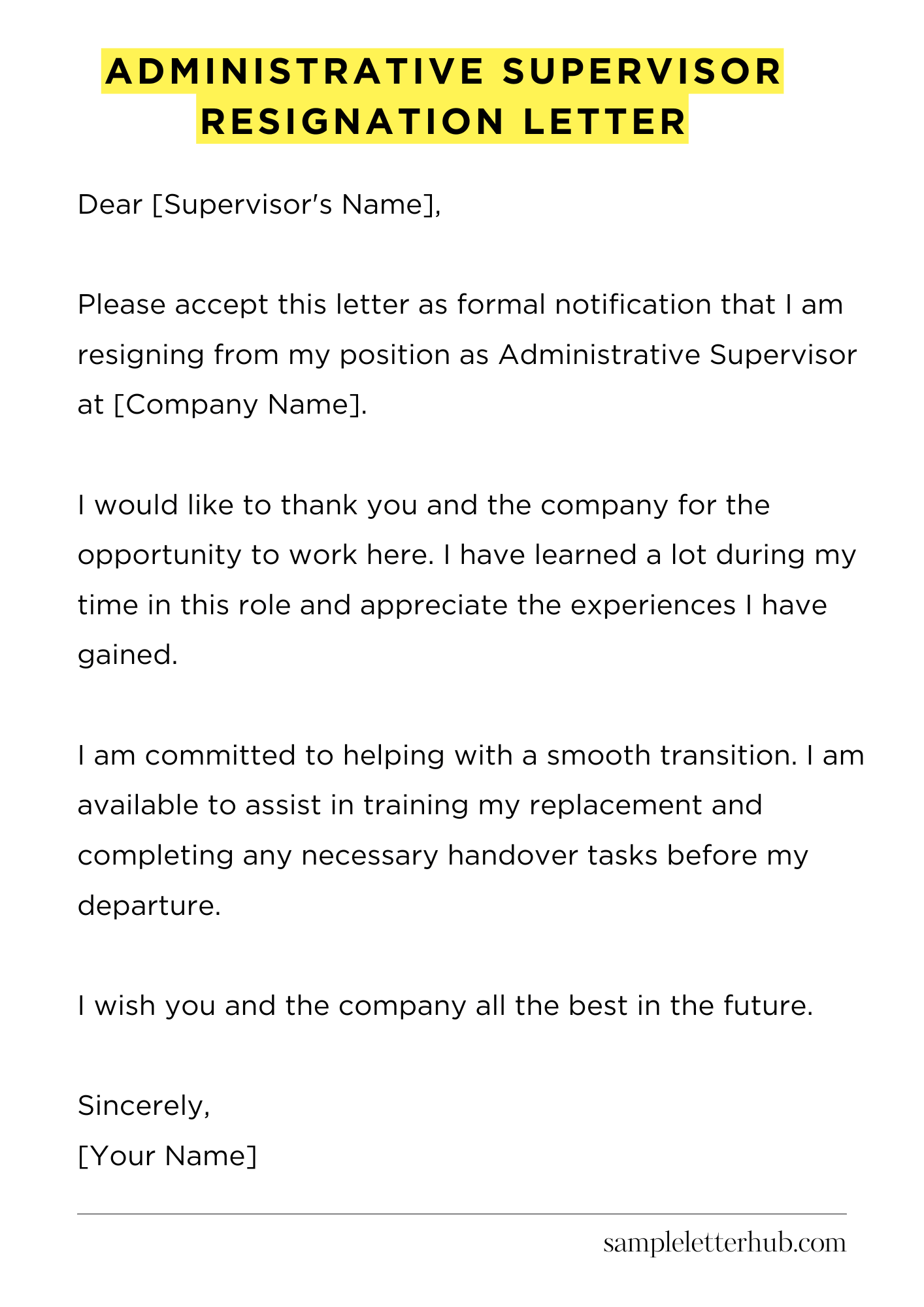 Administrative Supervisor Resignation Letter