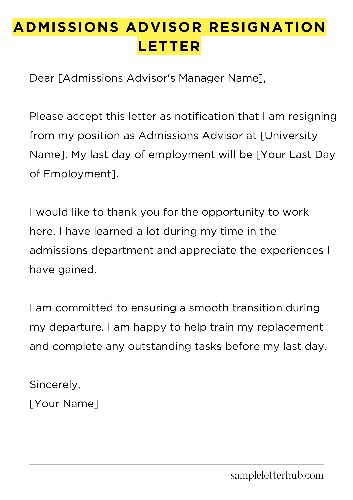 Admissions Advisor Resignation Letter