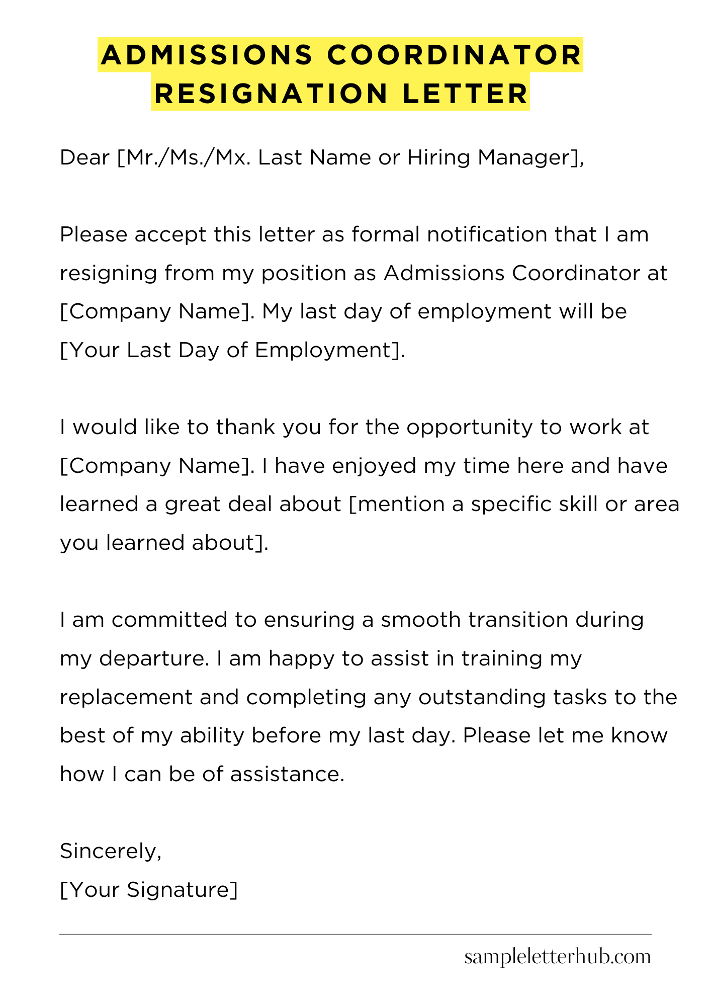 Admissions Coordinator Resignation Letter
