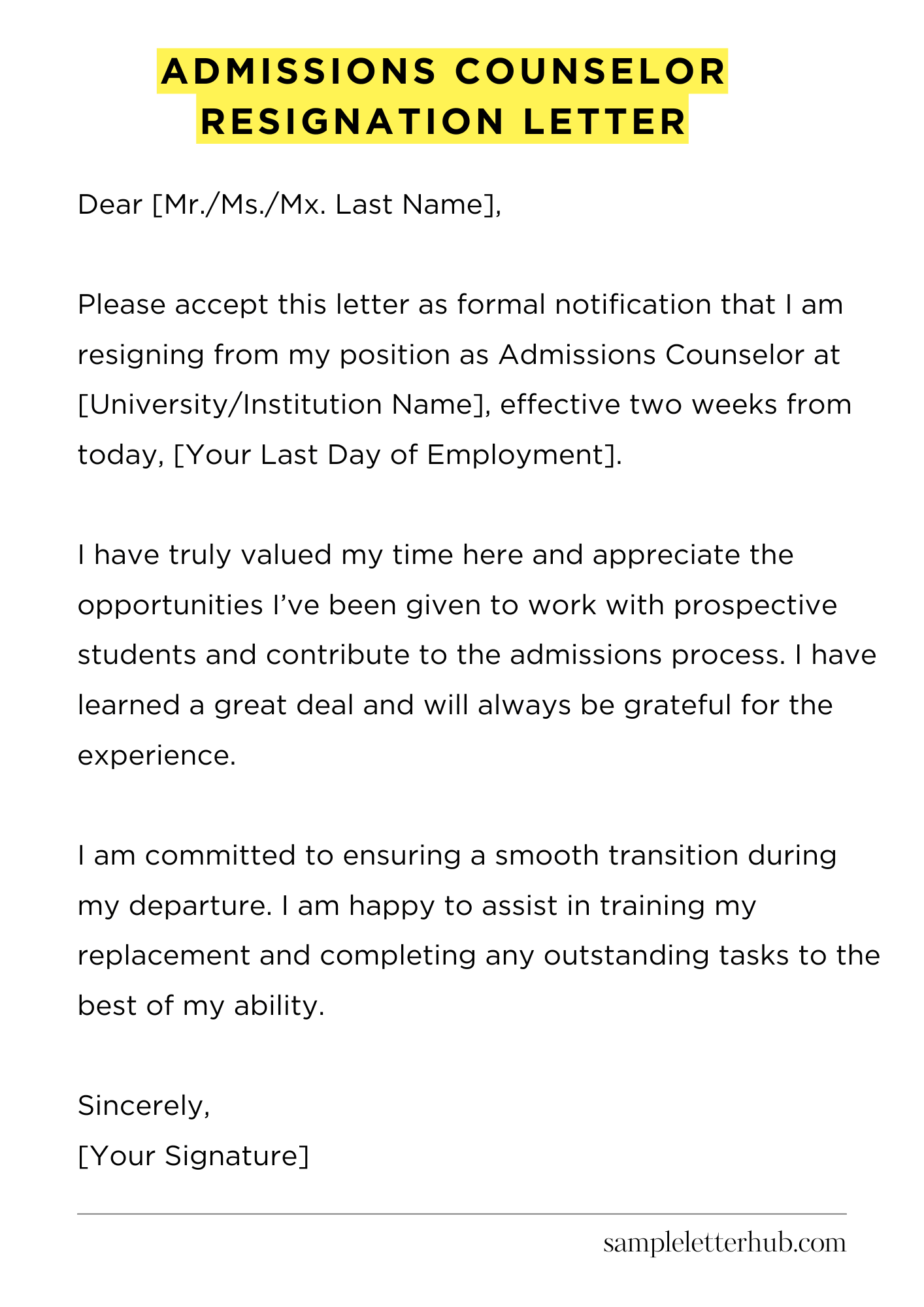 Admissions Counselor Resignation Letter