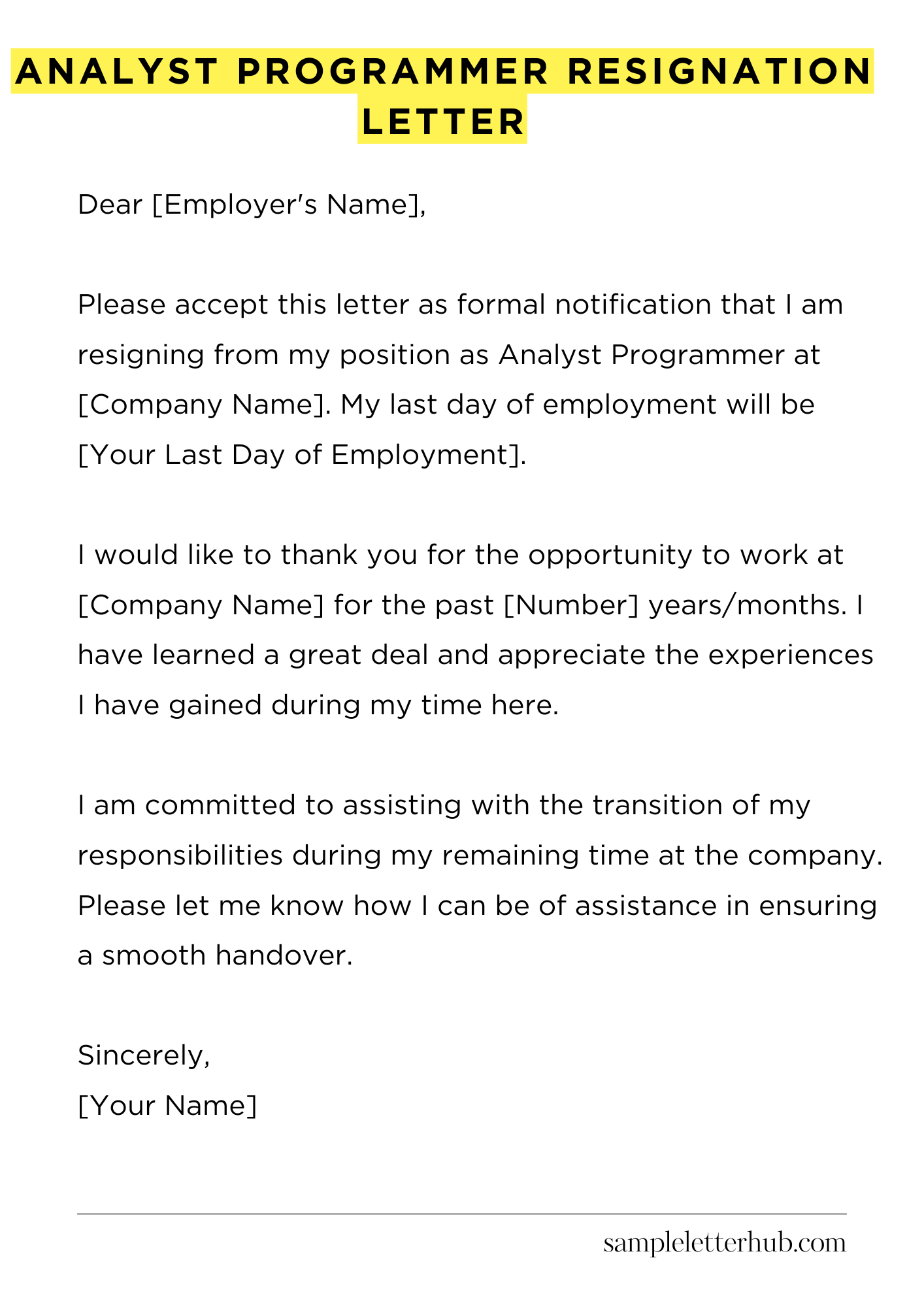 Analyst Programmer Resignation Letter