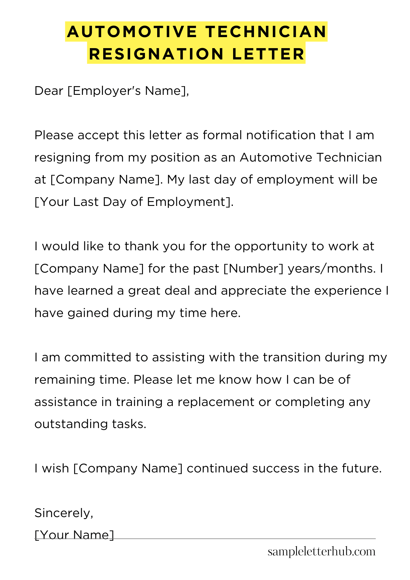 Automotive Technician Resignation Letter