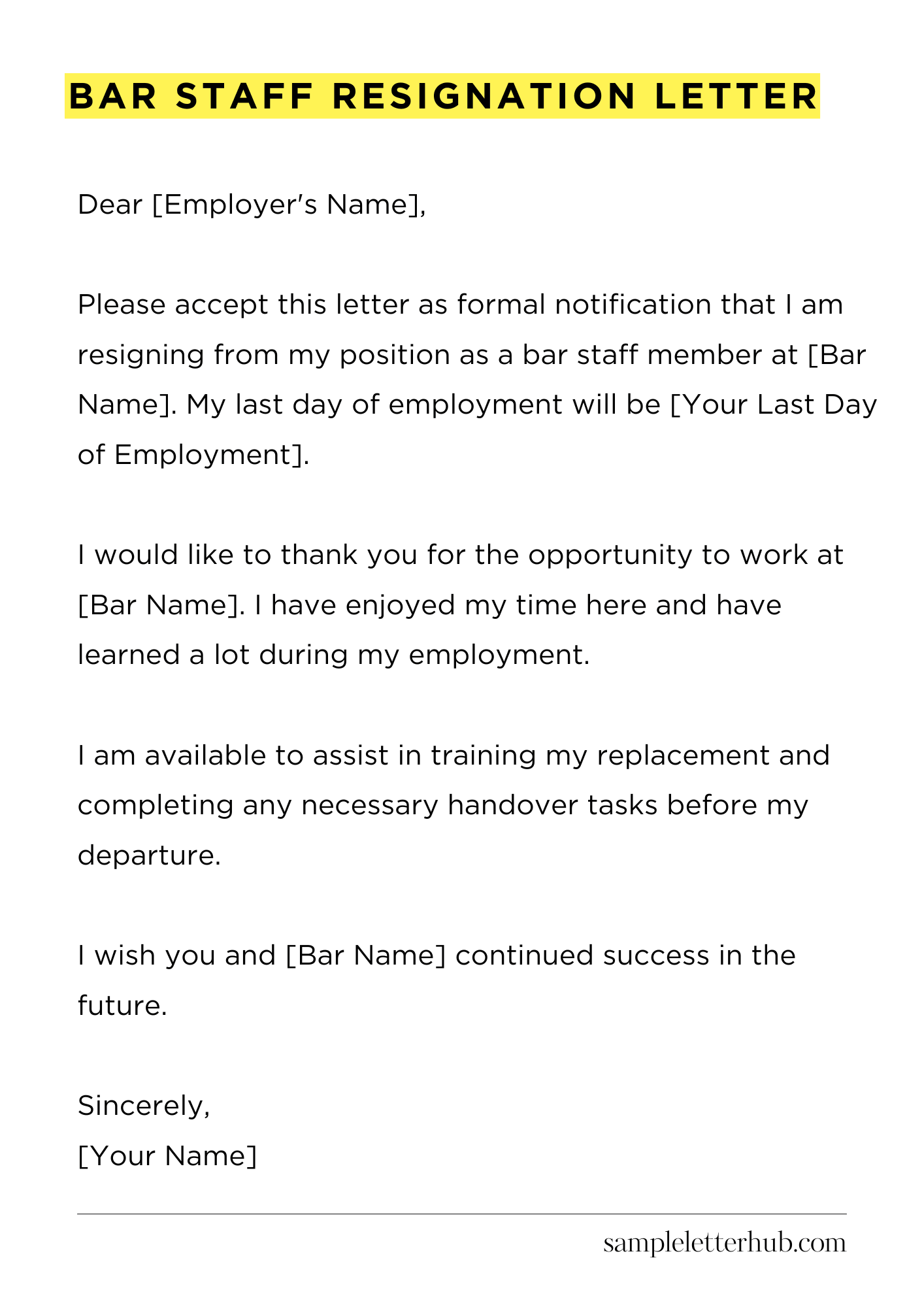 Bar Staff Resignation Letter