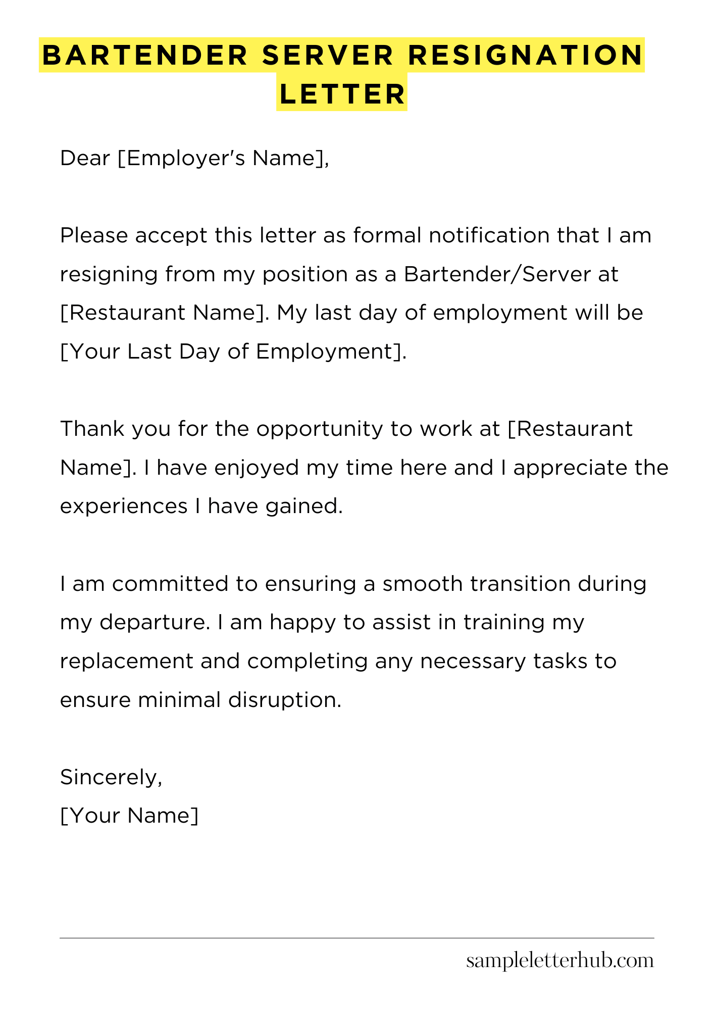 Bartender Server Resignation Letter