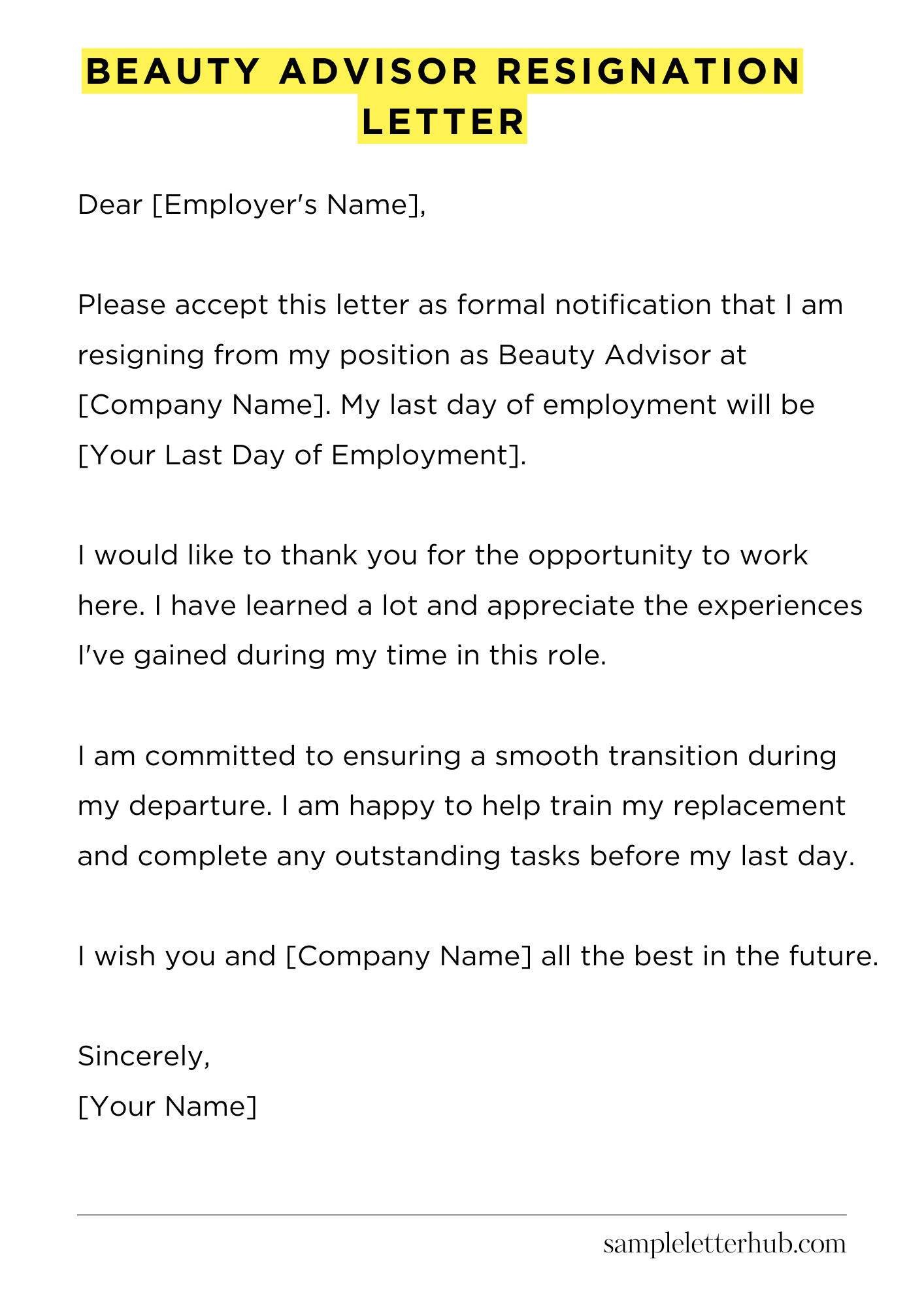 Beauty Advisor Resignation Letter