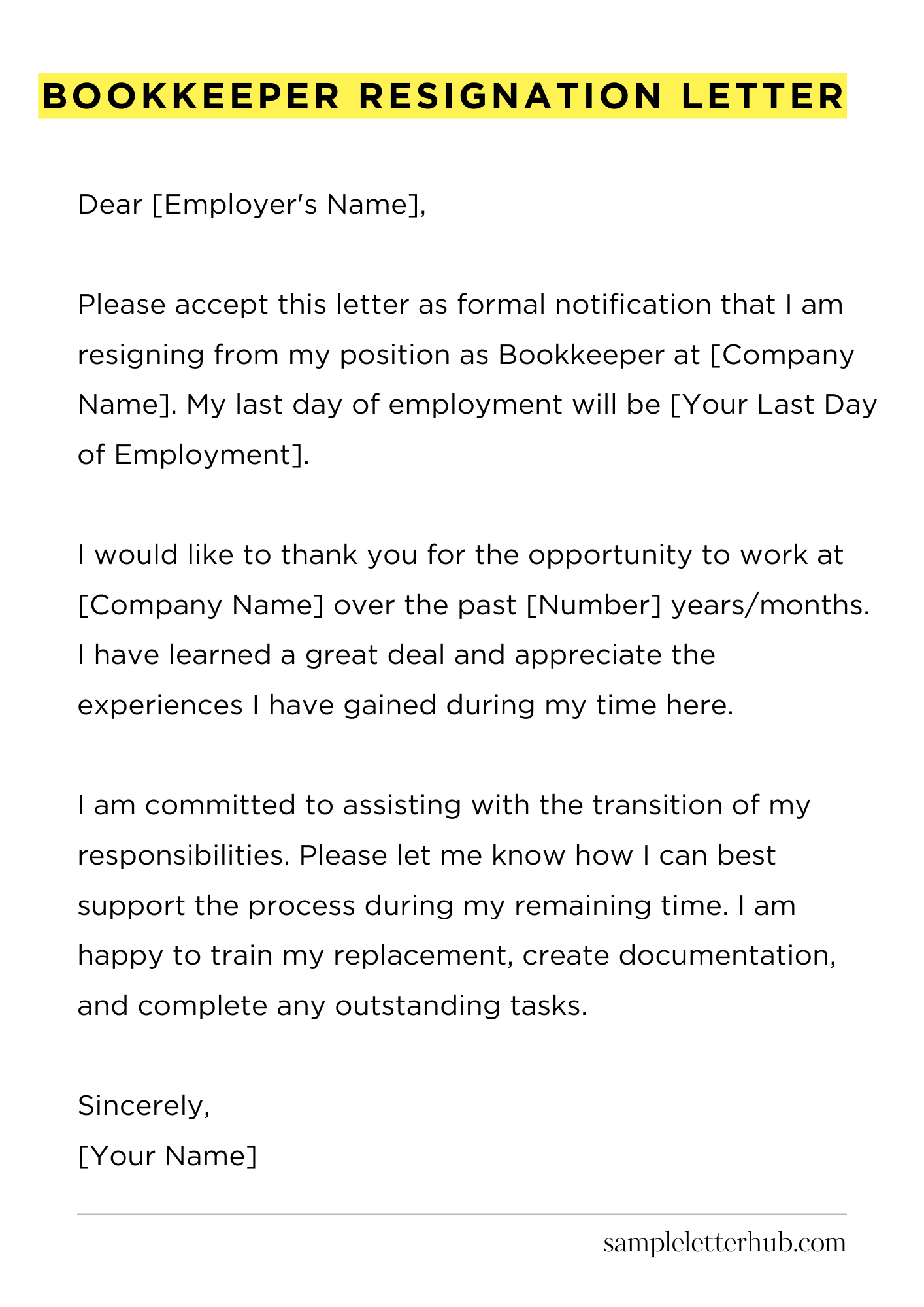 Bookkeeper Resignation Letter