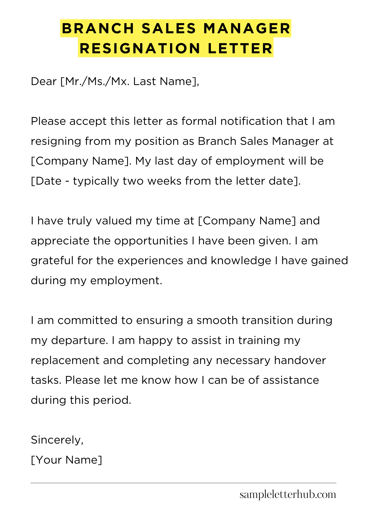 Branch Sales Manager Resignation Letter