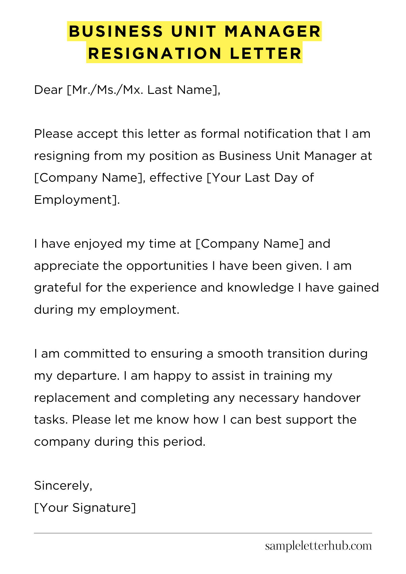 Business Unit Manager Resignation Letter