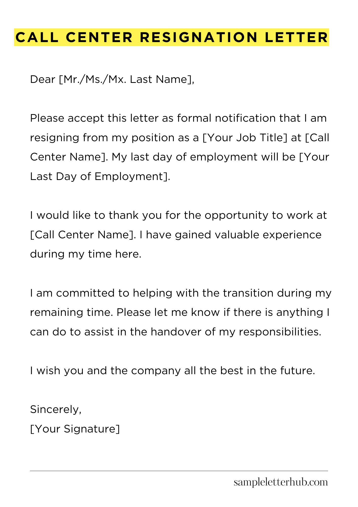 Call Center Resignation Letter