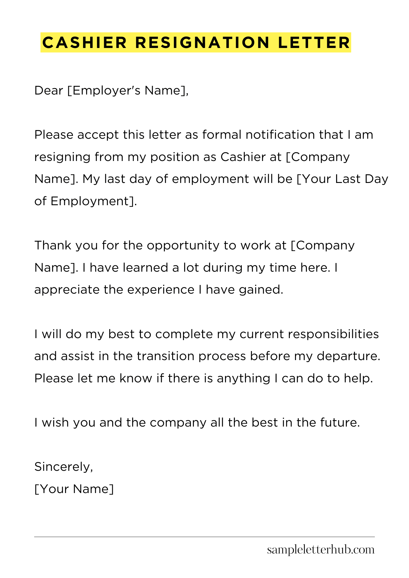 Cashier Resignation Letter