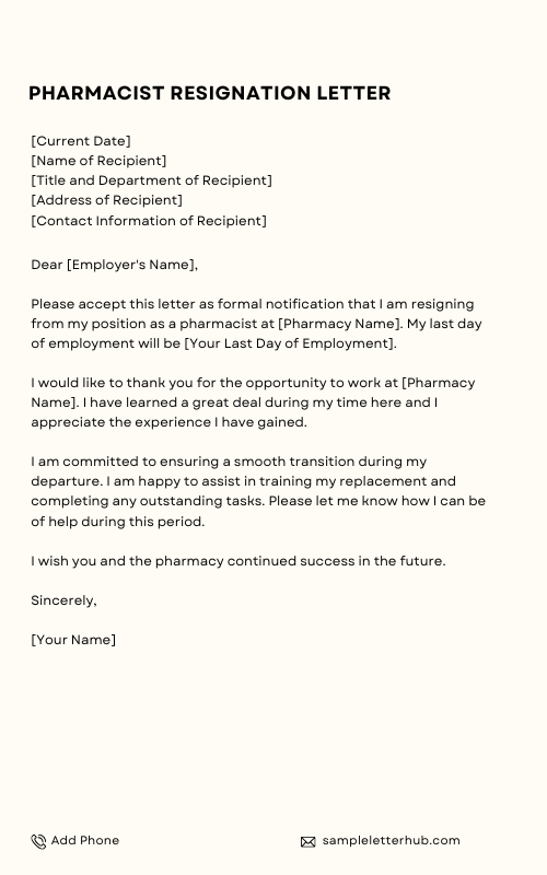 Pharmacist Resignation Letter