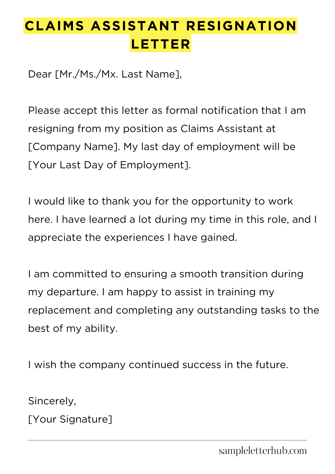 Claims Assistant Resignation Letter