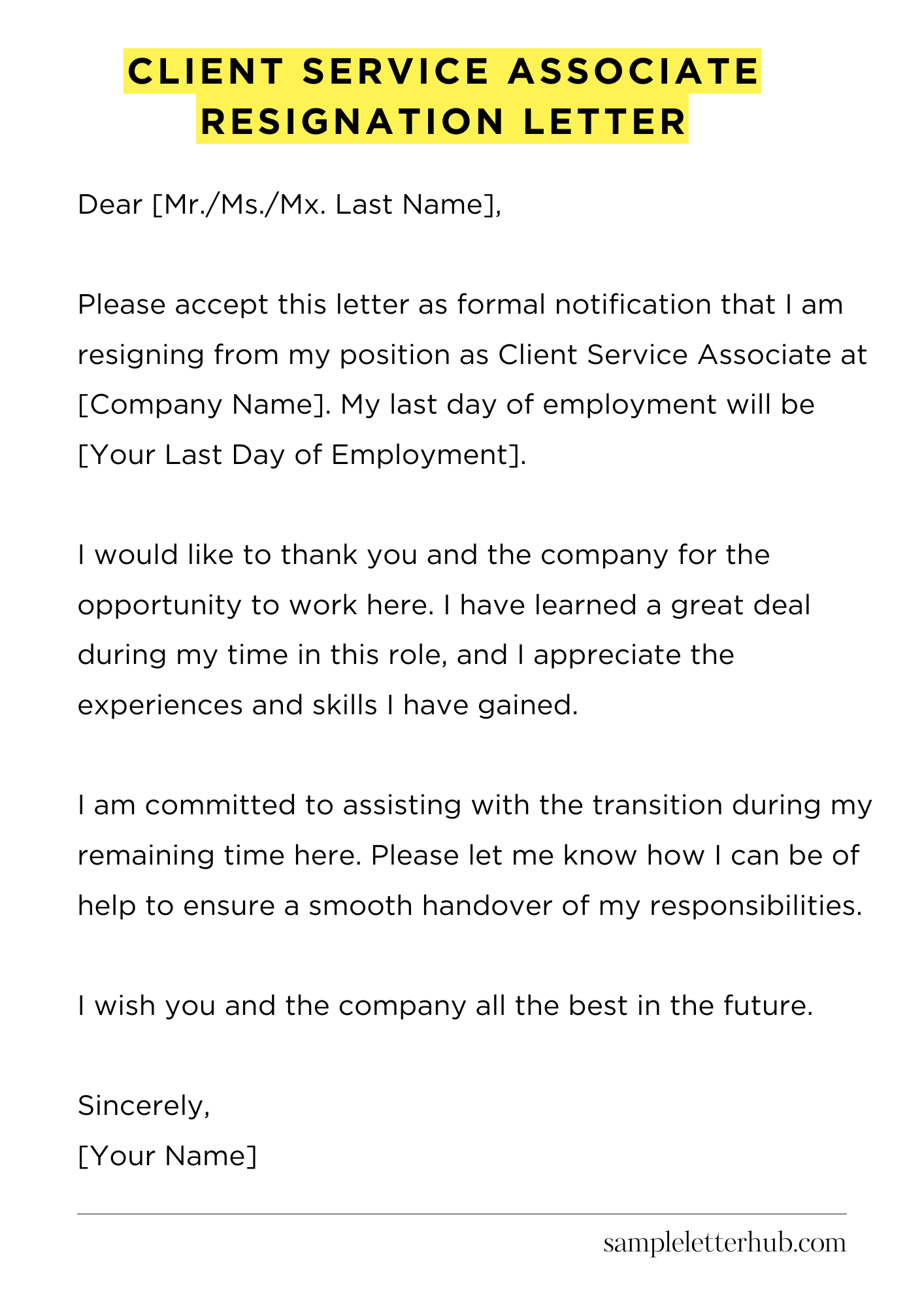 Client Service Associate Resignation Letter