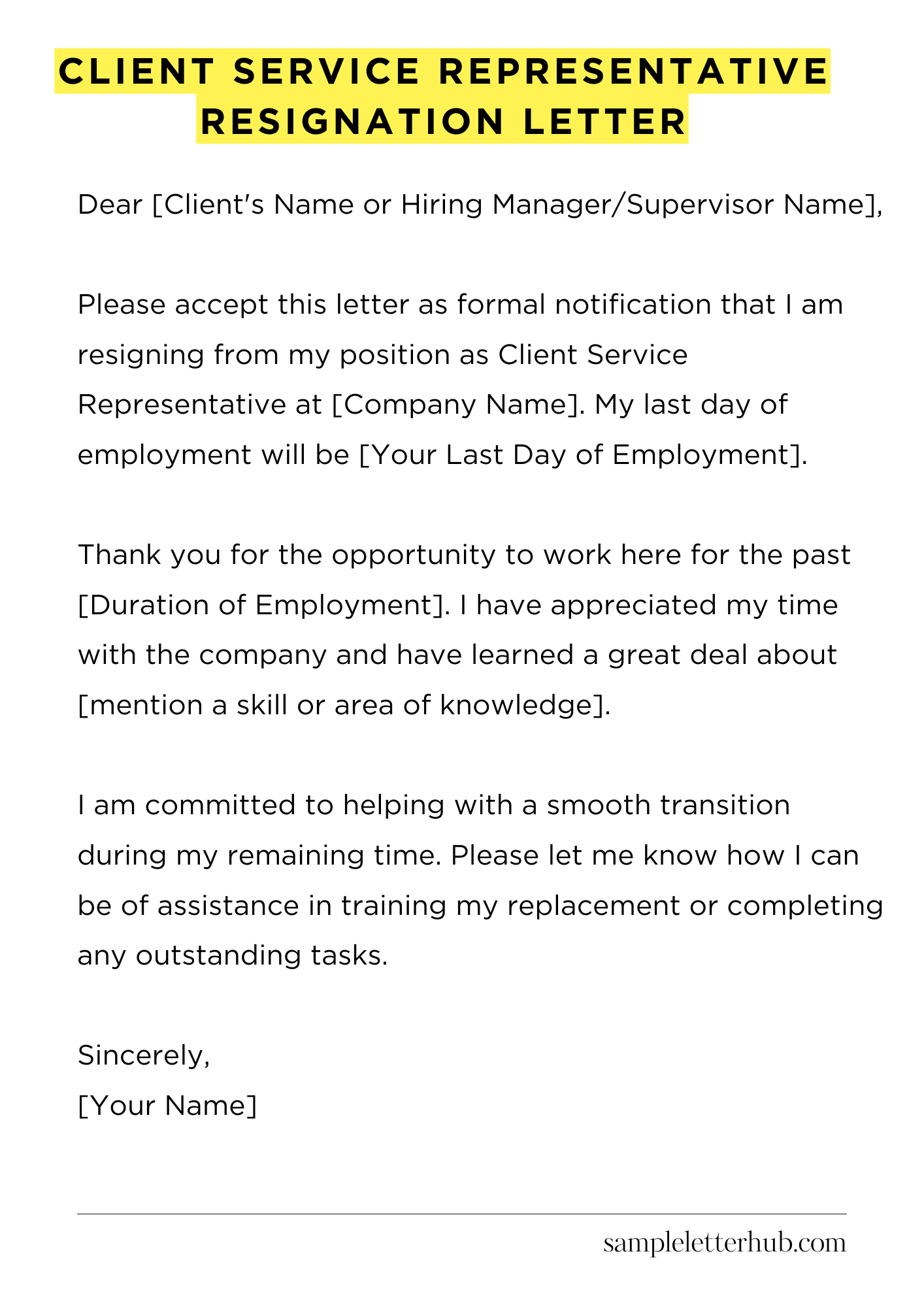 Client Service Representative Resignation Letter